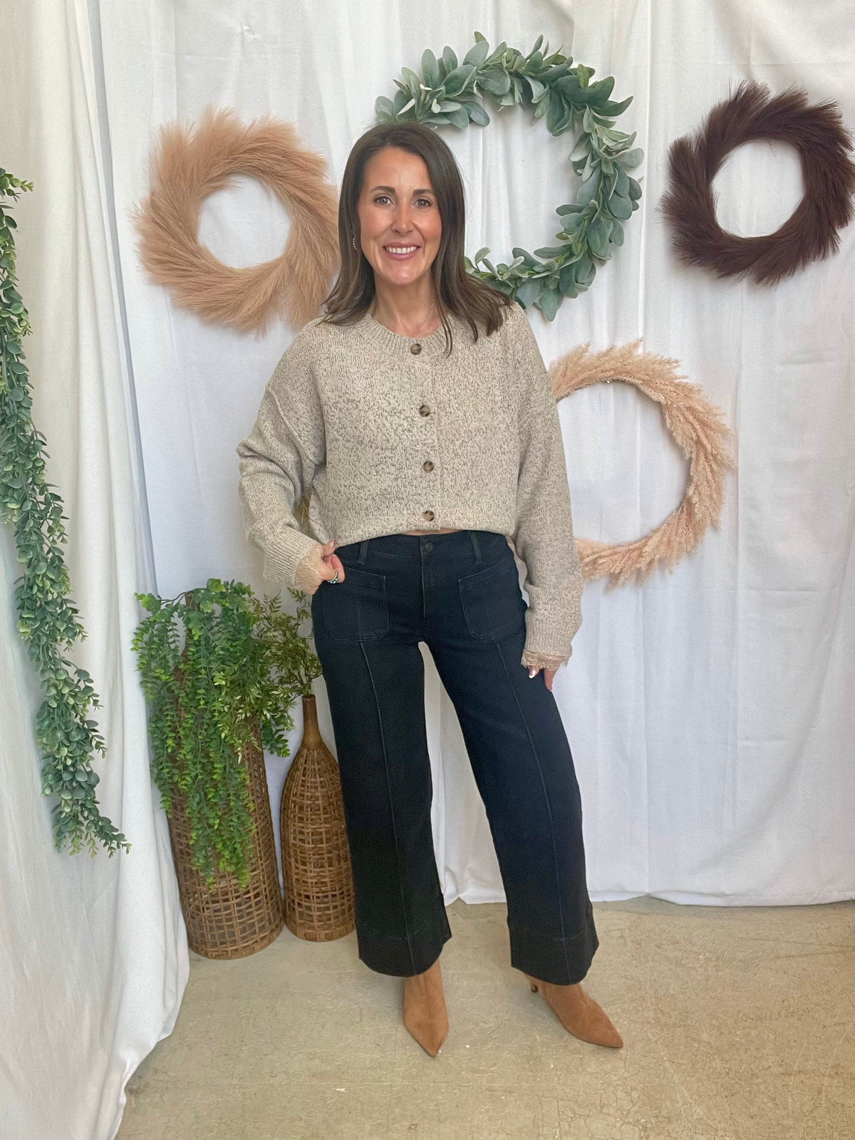Sandy Lace Trim Cardigan-Oatmeal-Cardigans-blu pepper-The Silo Boutique, Women's Fashion Boutique Located in Warren and Grand Forks North Dakota