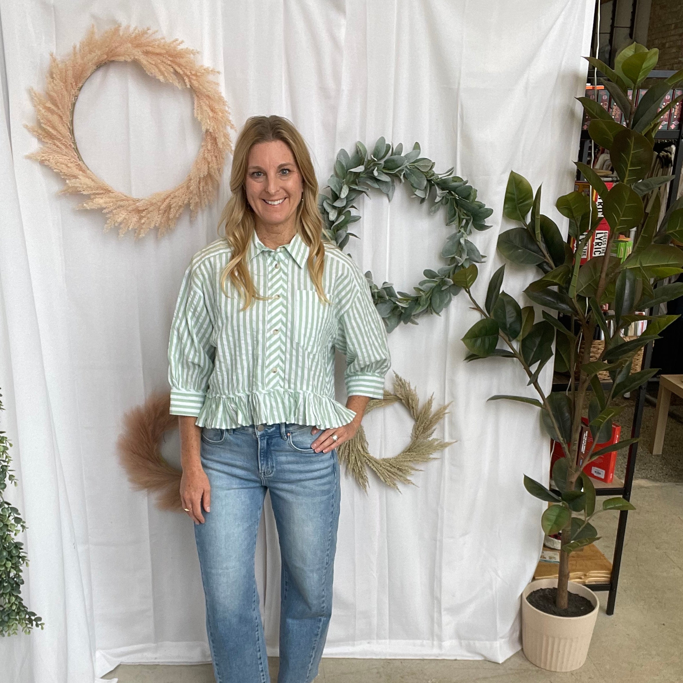 Sage Frill Button Down Striped Shirt-Short Sleeve Tops-hem and thread-The Silo Boutique, Women's Fashion Boutique Located in Warren and Grand Forks North Dakota