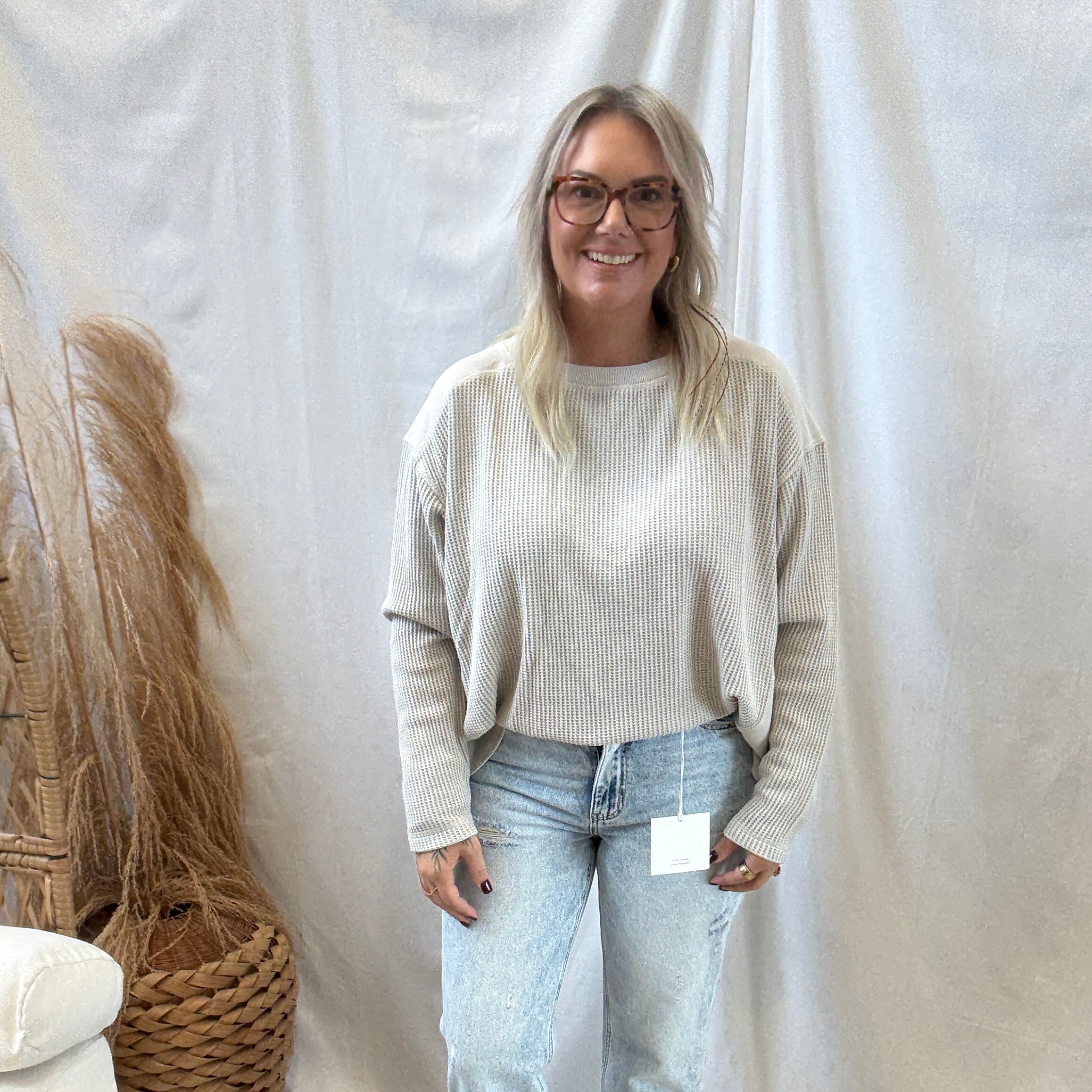 Rae Waffle High Low Top-Taupe-Long Sleeve Tops-rae mode-The Silo Boutique, Women's Fashion Boutique Located in Warren and Grand Forks North Dakota