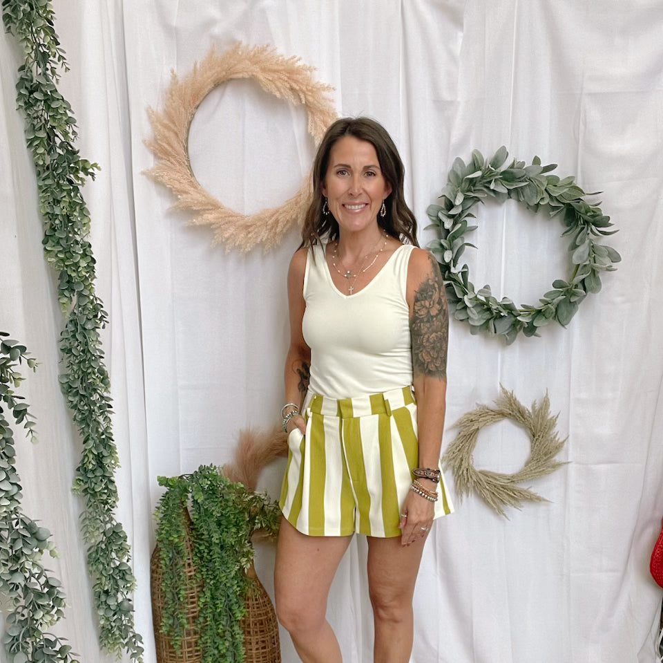 Glam Lime Striped Shorts-Shorts-glam-The Silo Boutique, Women's Fashion Boutique Located in Warren and Grand Forks North Dakota