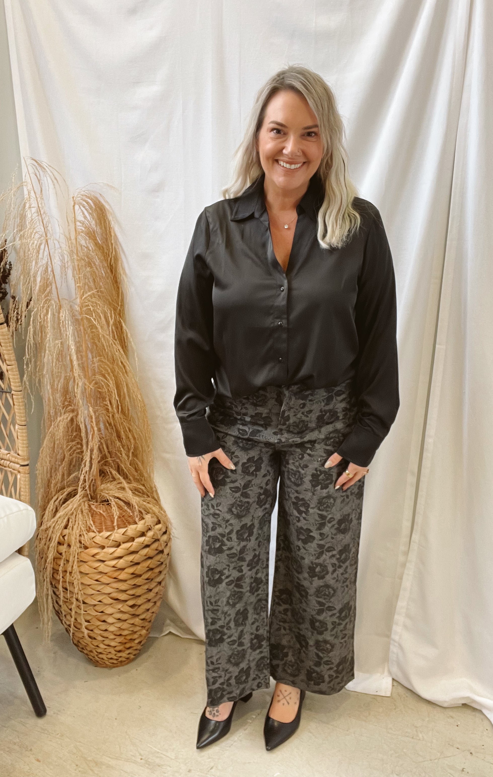 Black Silk Button Up Top-Long Sleeve Tops-hyfve-The Silo Boutique, Women's Fashion Boutique Located in Warren and Grand Forks North Dakota