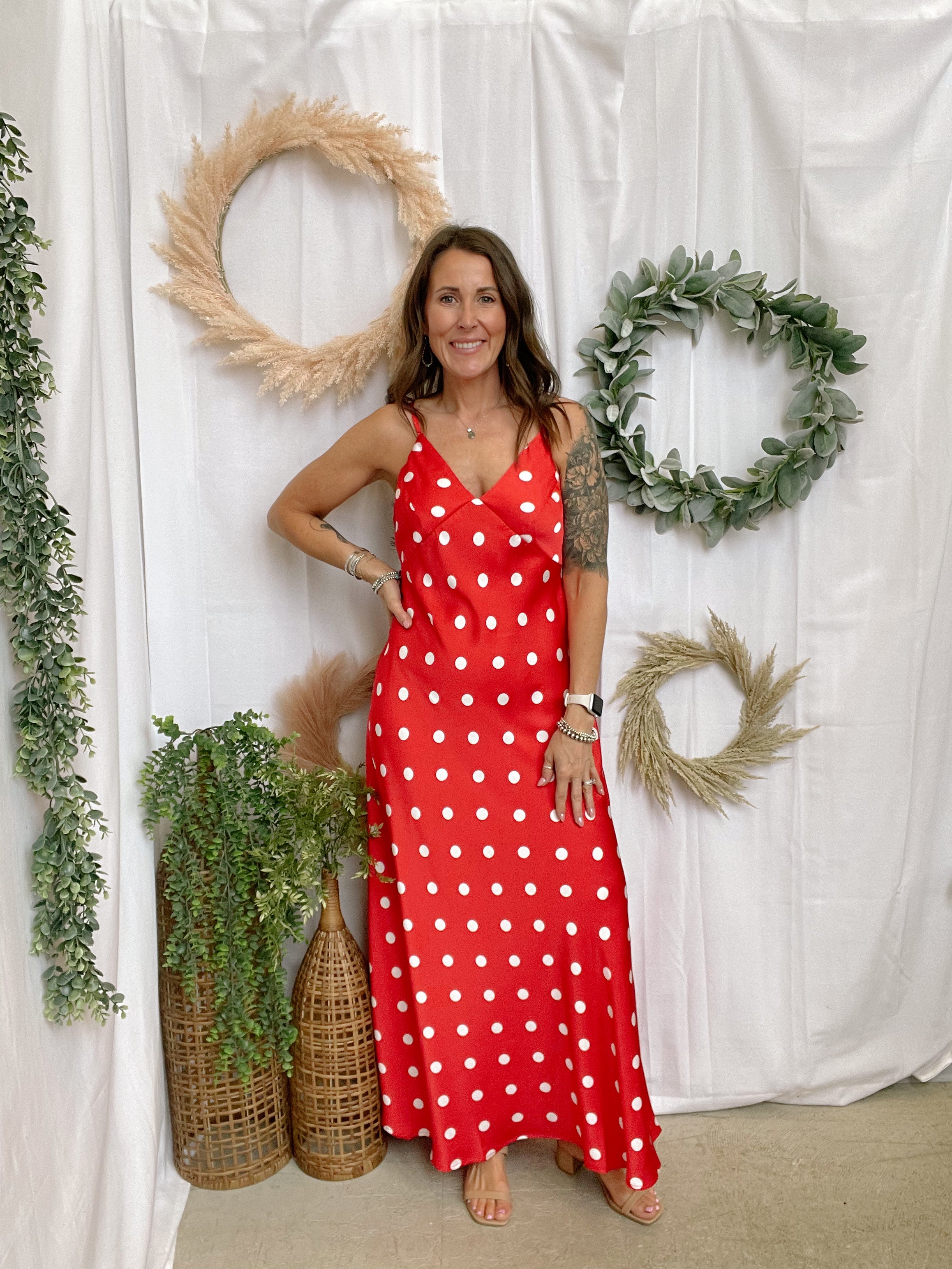 The Long Polka Dot Dress-Red-Pants-eesome-The Silo Boutique, Women's Fashion Boutique Located in Warren and Grand Forks North Dakota