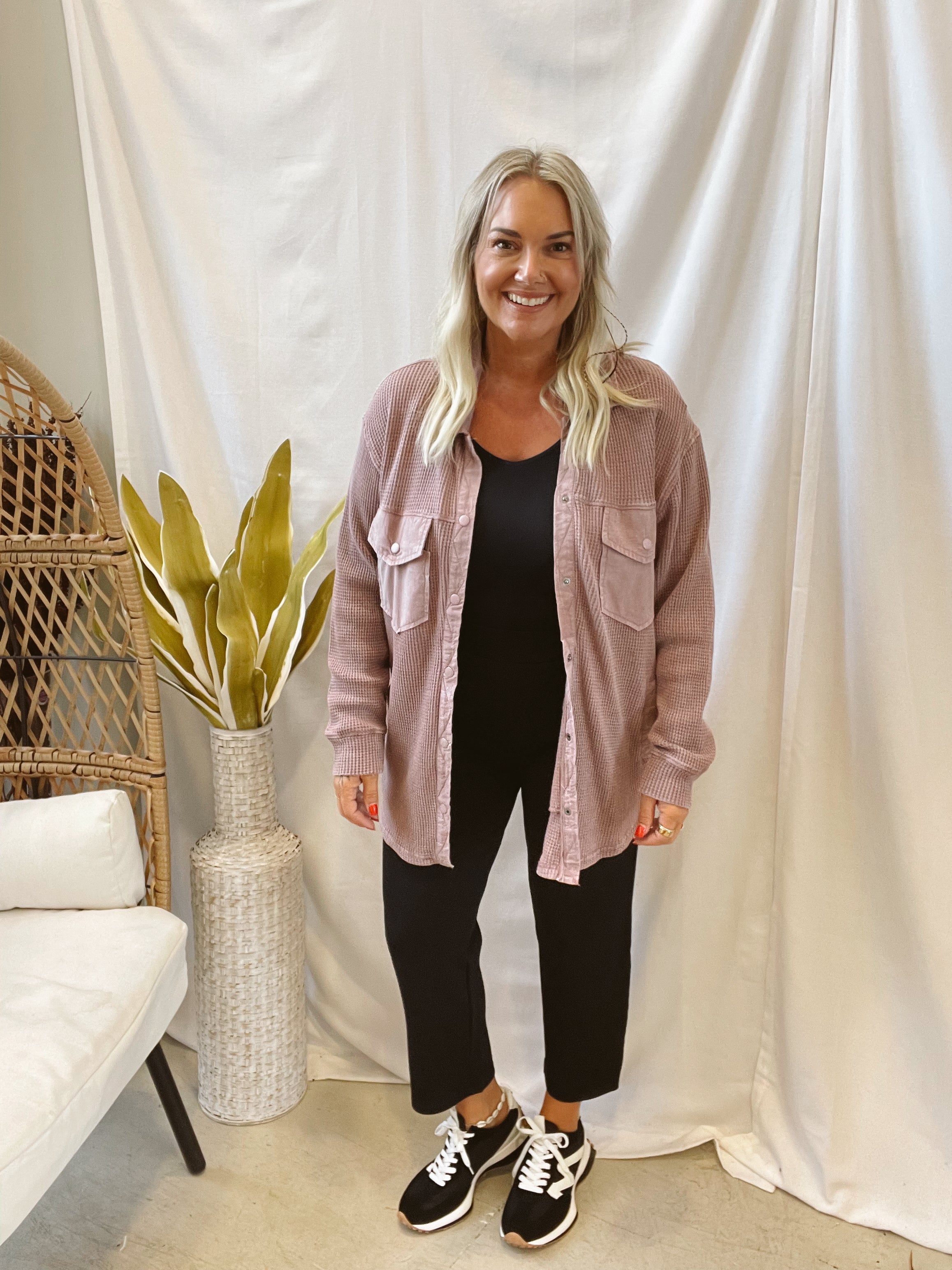Waffle Knit Button Down Top-Rose-Coats & Jackets-mono b-The Silo Boutique, Women's Fashion Boutique Located in Warren and Grand Forks North Dakota