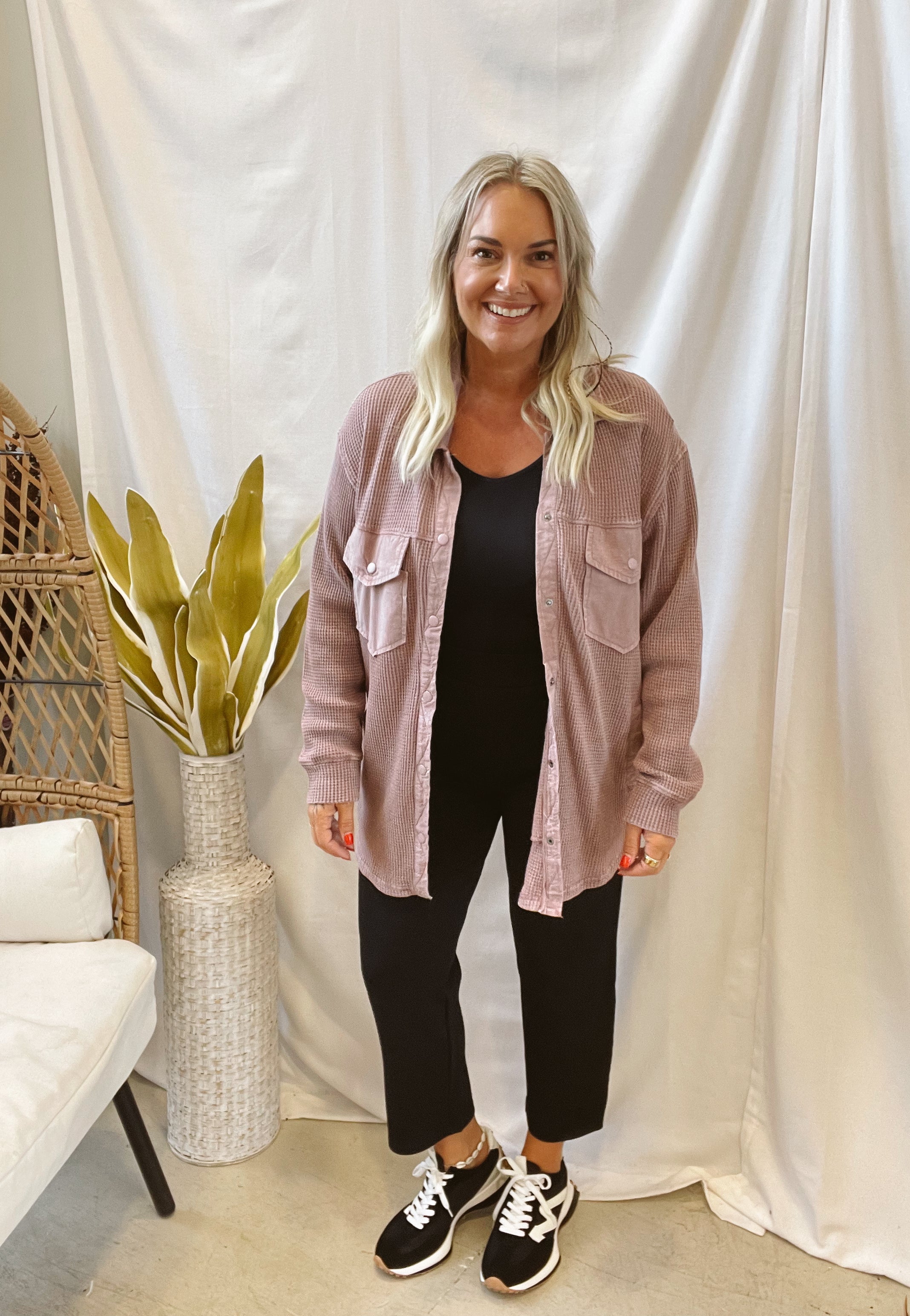 Waffle Knit Button Down Top-Rose-Coats & Jackets-mono b-The Silo Boutique, Women's Fashion Boutique Located in Warren and Grand Forks North Dakota