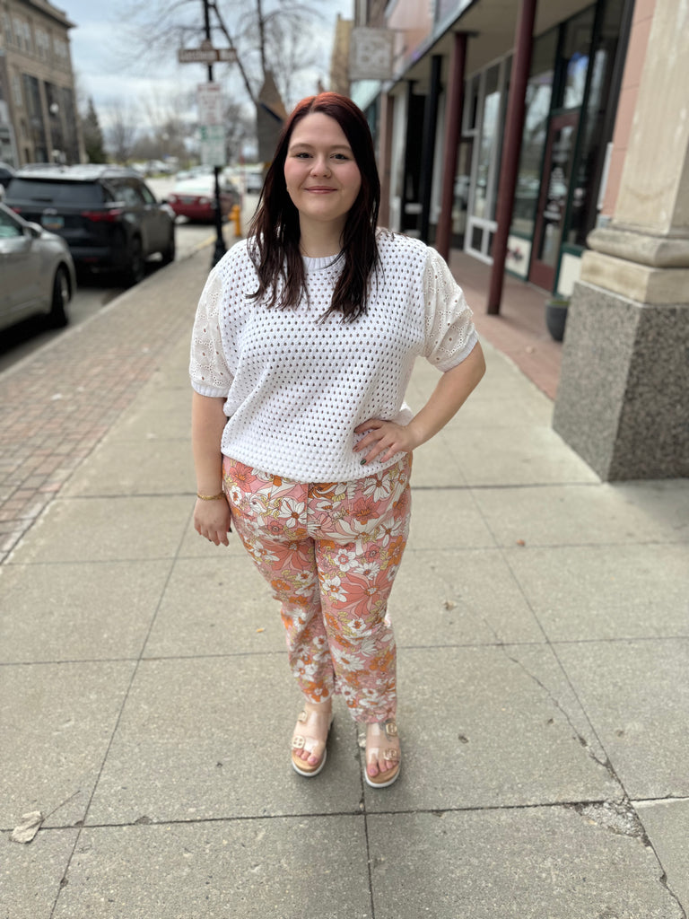 Apricot Twill Floral Pants-Pants-skies are blue-The Silo Boutique, Women's Fashion Boutique Located in Warren and Grand Forks North Dakota