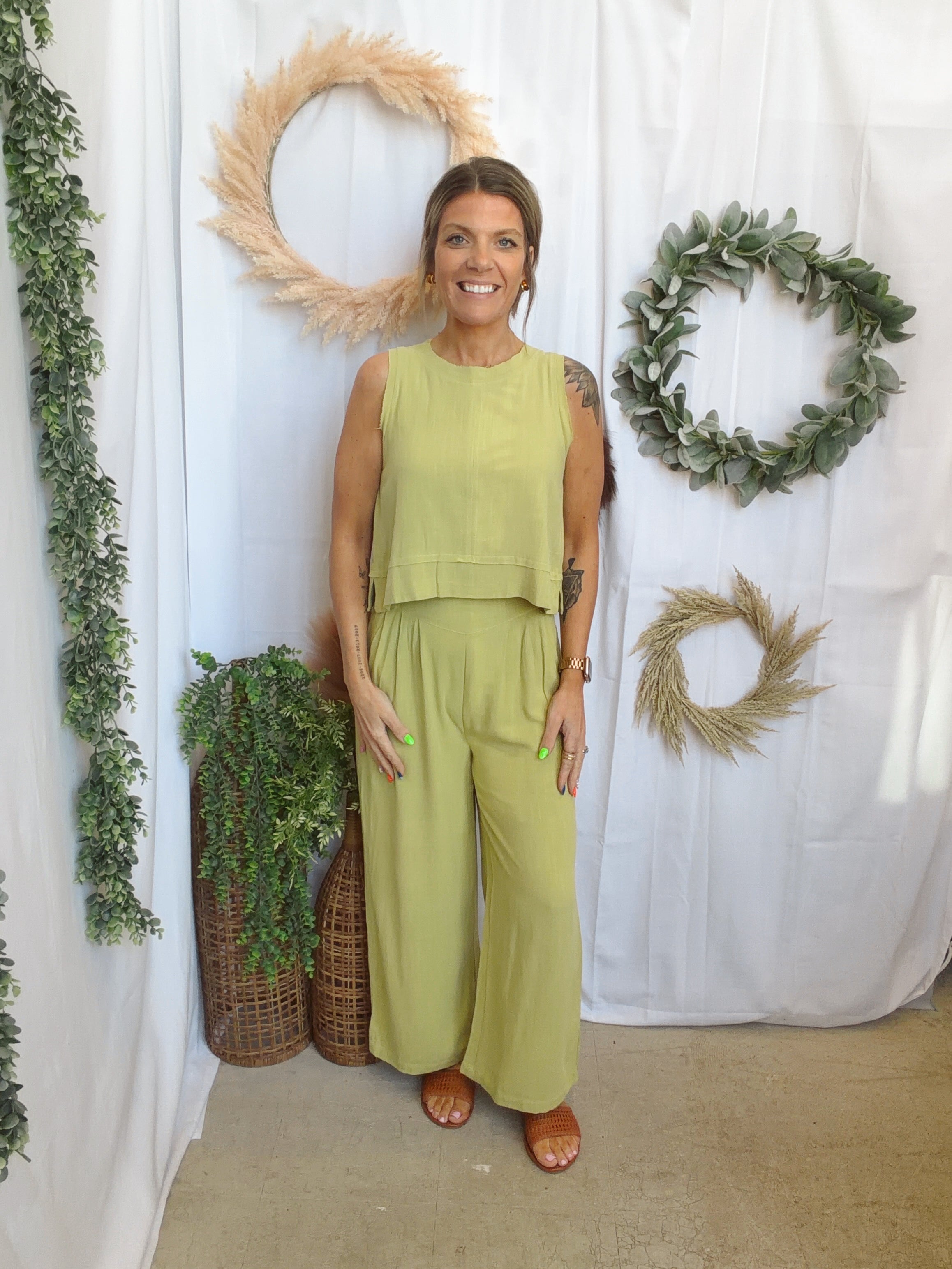 Jane Linen Set-Avocado-Outfit Sets-very j-The Silo Boutique, Women's Fashion Boutique Located in Warren and Grand Forks North Dakota