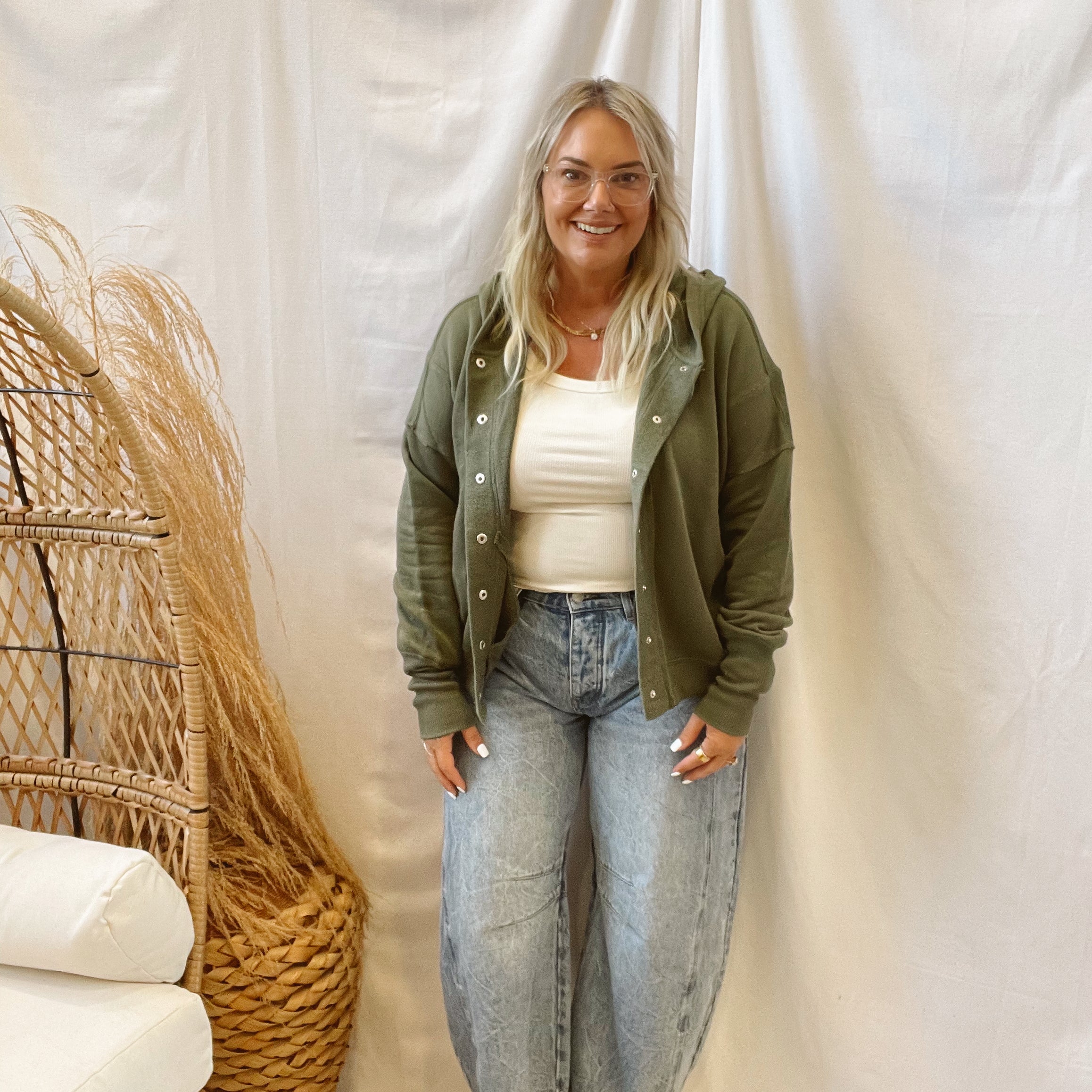 Olive Snap Button Hooded Cardigan-Sweaters-staccato-The Silo Boutique, Women's Fashion Boutique Located in Warren and Grand Forks North Dakota