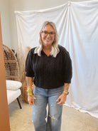 Cable Collared V Neck Sweater-Black-Sweaters-oddi-The Silo Boutique, Women's Fashion Boutique Located in Warren and Grand Forks North Dakota