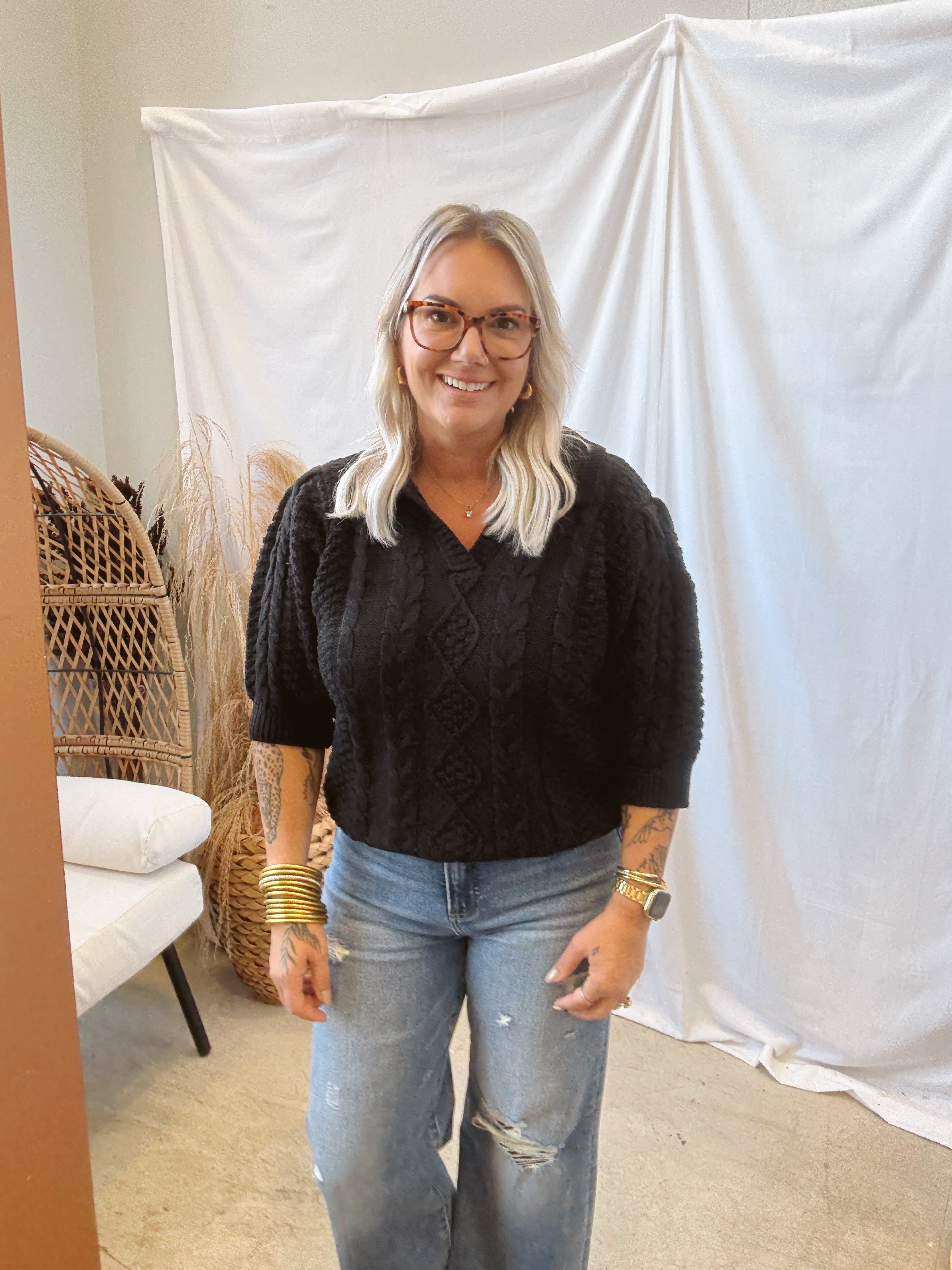 Cable Collared V Neck Sweater-Black-Sweaters-oddi-The Silo Boutique, Women's Fashion Boutique Located in Warren and Grand Forks North Dakota