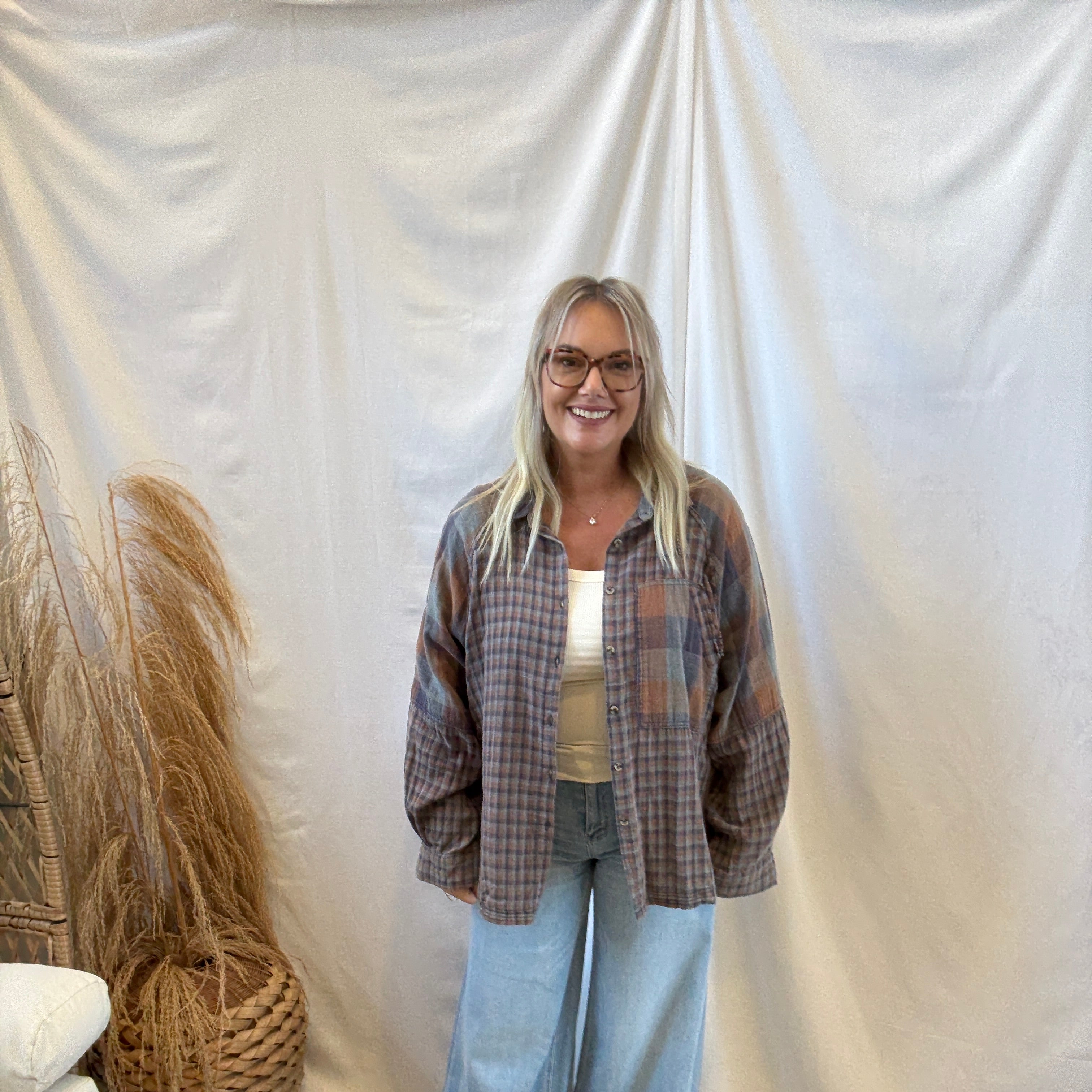 Navy Brown Mix Flannel-Long Sleeve Tops-easel-The Silo Boutique, Women's Fashion Boutique Located in Warren and Grand Forks North Dakota