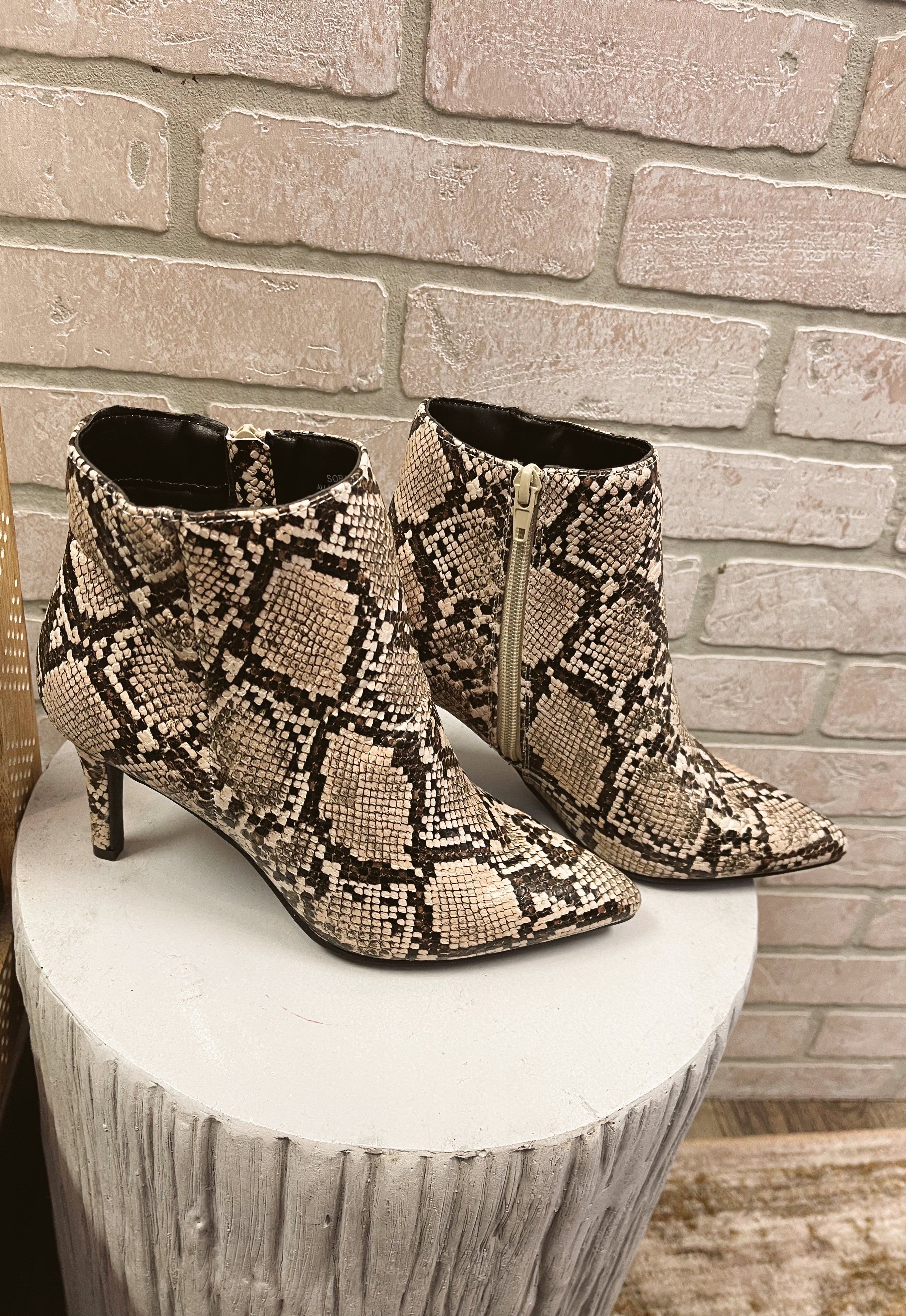 Bamboo Soraya Beige Snake Bootie-Boots-bamboo-The Silo Boutique, Women's Fashion Boutique Located in Warren and Grand Forks North Dakota