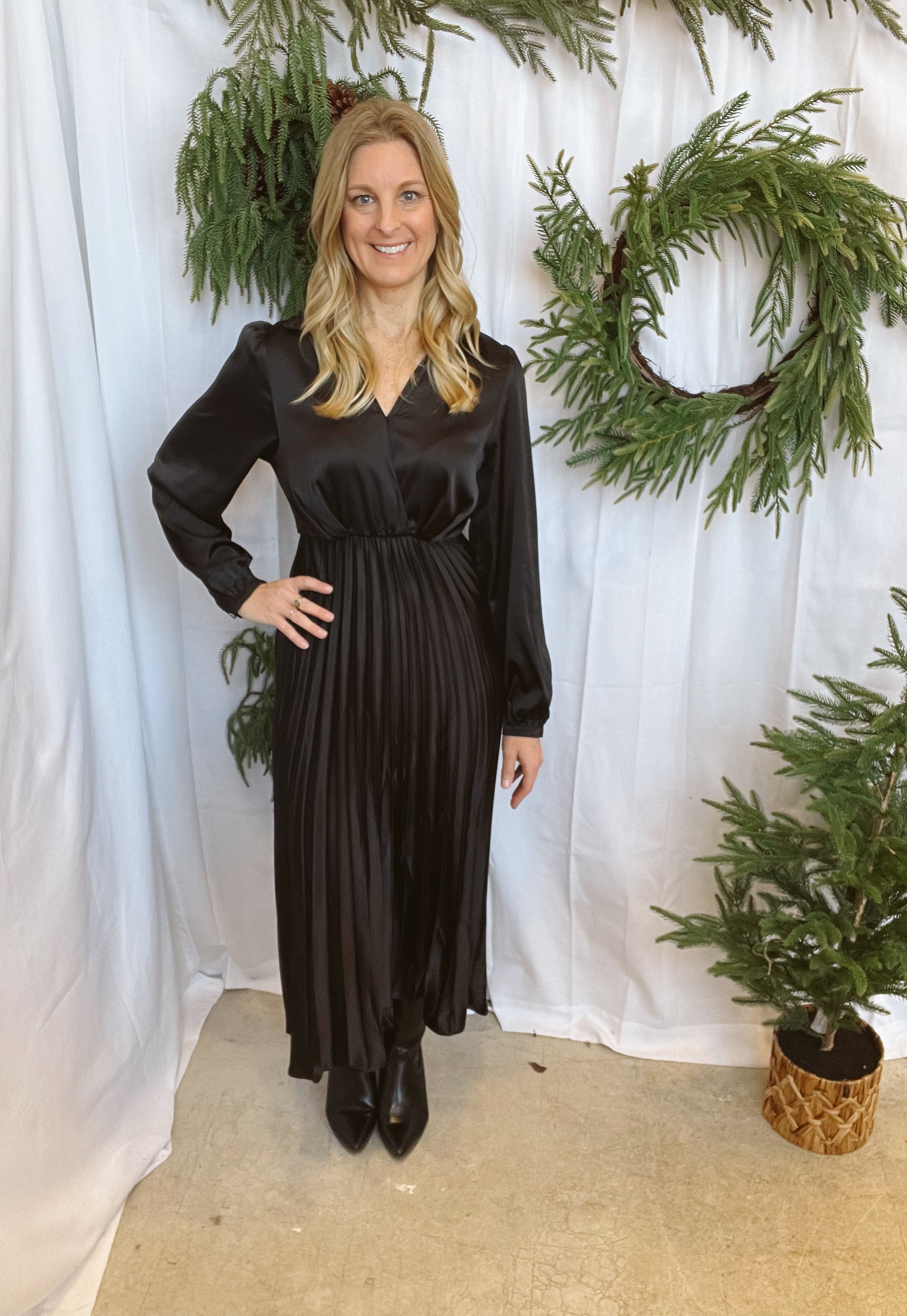 Satin Pleated Dress-Black-Sweaters-she and sky-The Silo Boutique, Women's Fashion Boutique Located in Warren and Grand Forks North Dakota