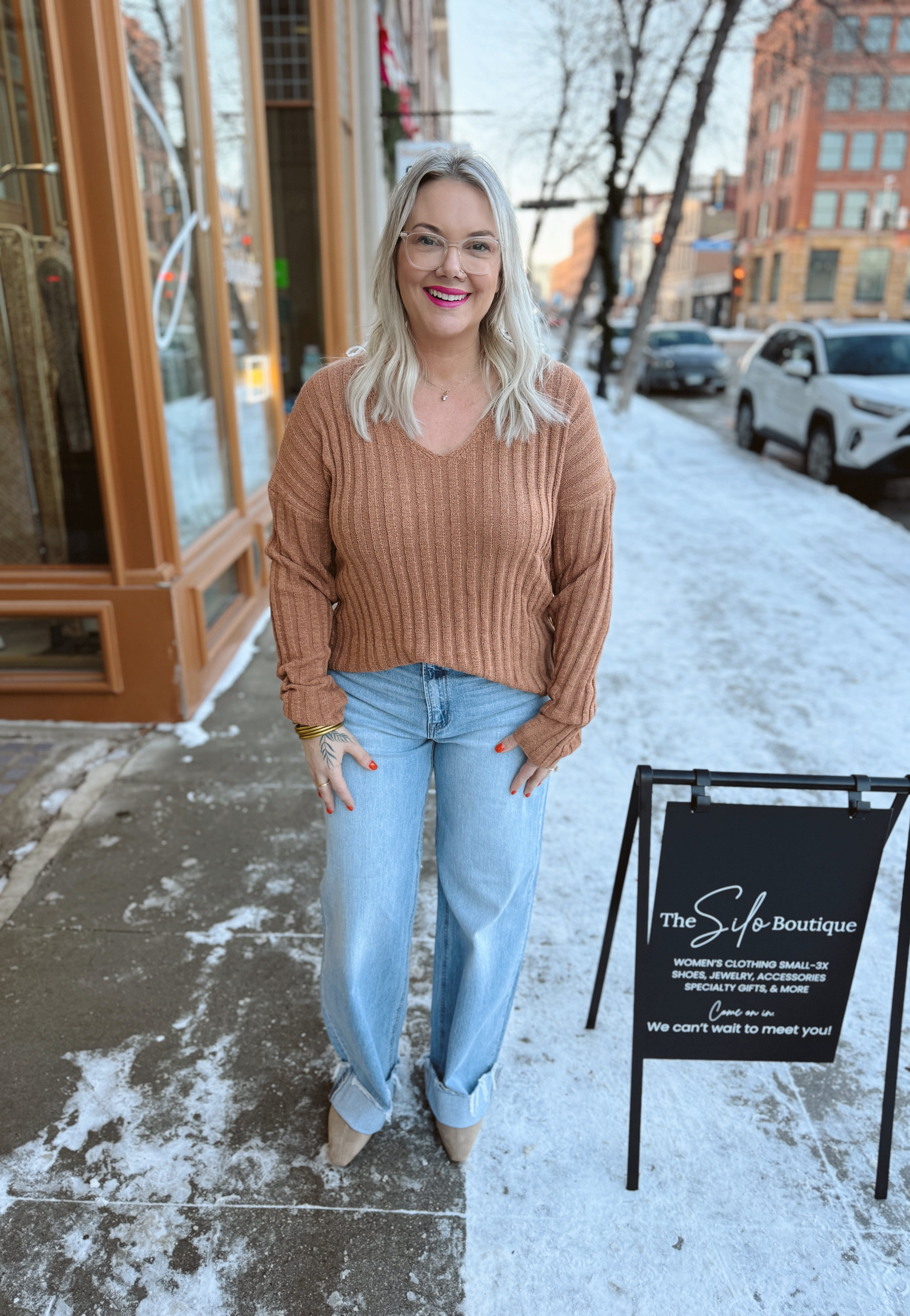 Raised Rib V Neck Sweater-Camel-Sweaters-be cool-The Silo Boutique, Women's Fashion Boutique Located in Warren and Grand Forks North Dakota