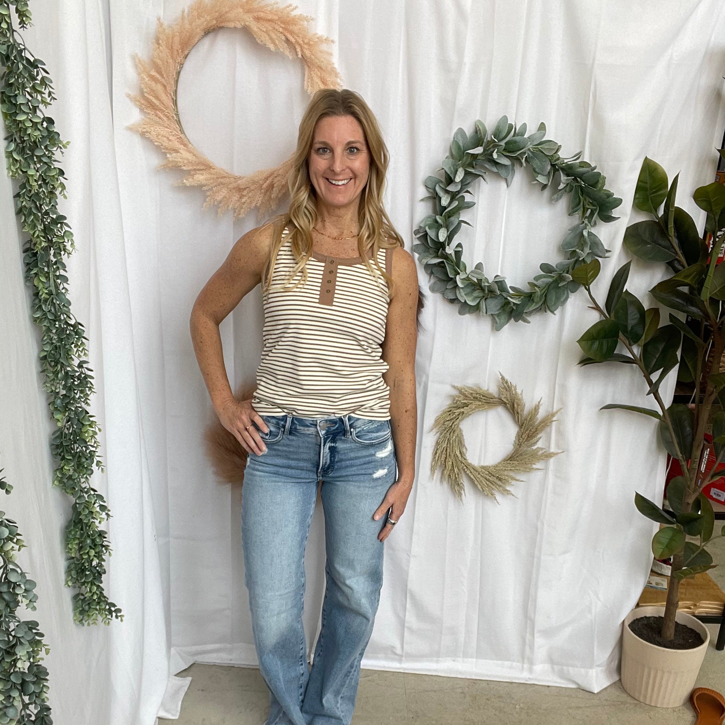 Sydni Taupe Stripe Tank Top-Tank Tops-staccato-The Silo Boutique, Women's Fashion Boutique Located in Warren and Grand Forks North Dakota