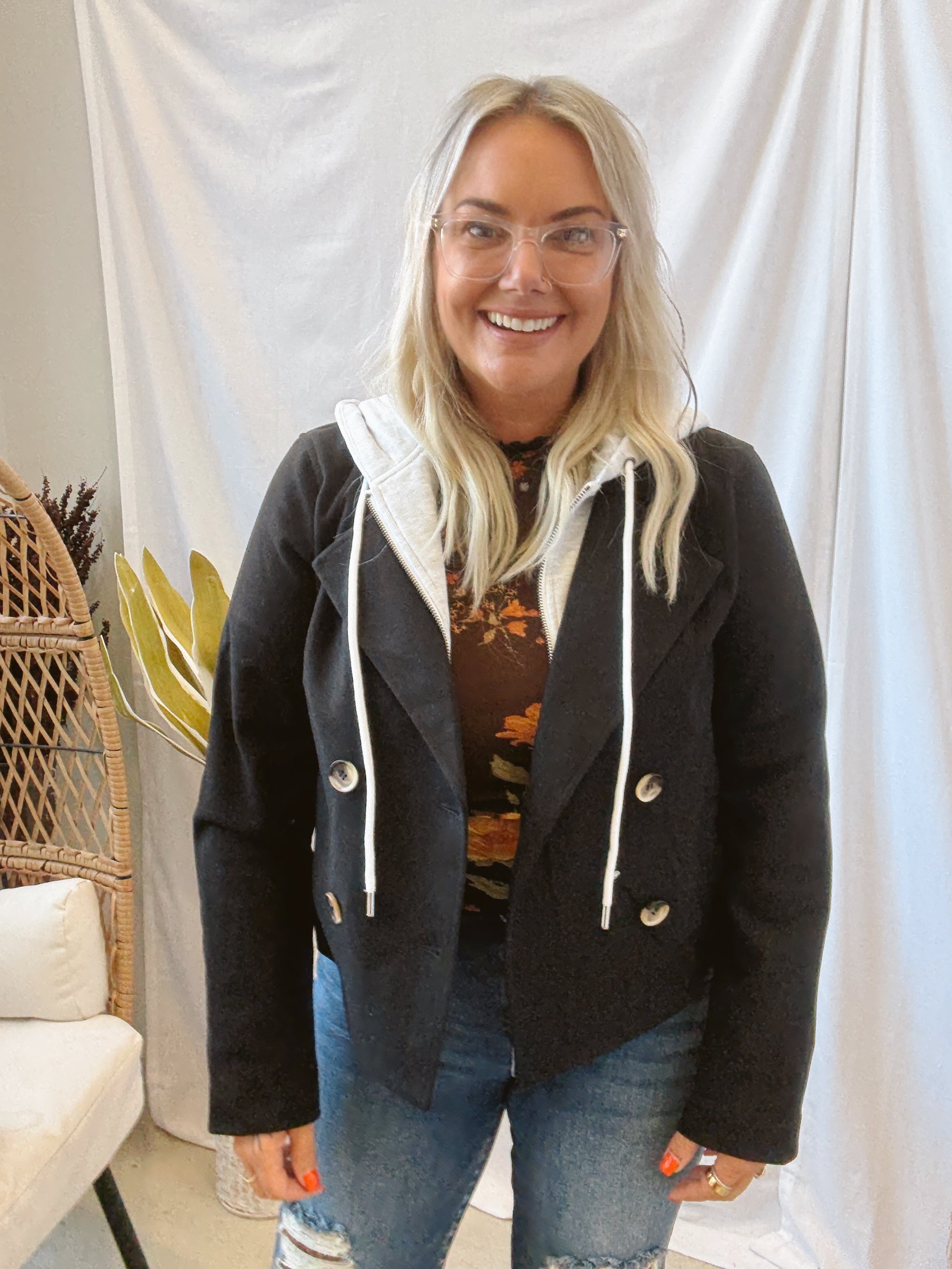 Twofer Hooded Jacket-Black-Coats & Jackets-hem and thread-The Silo Boutique, Women's Fashion Boutique Located in Warren and Grand Forks North Dakota