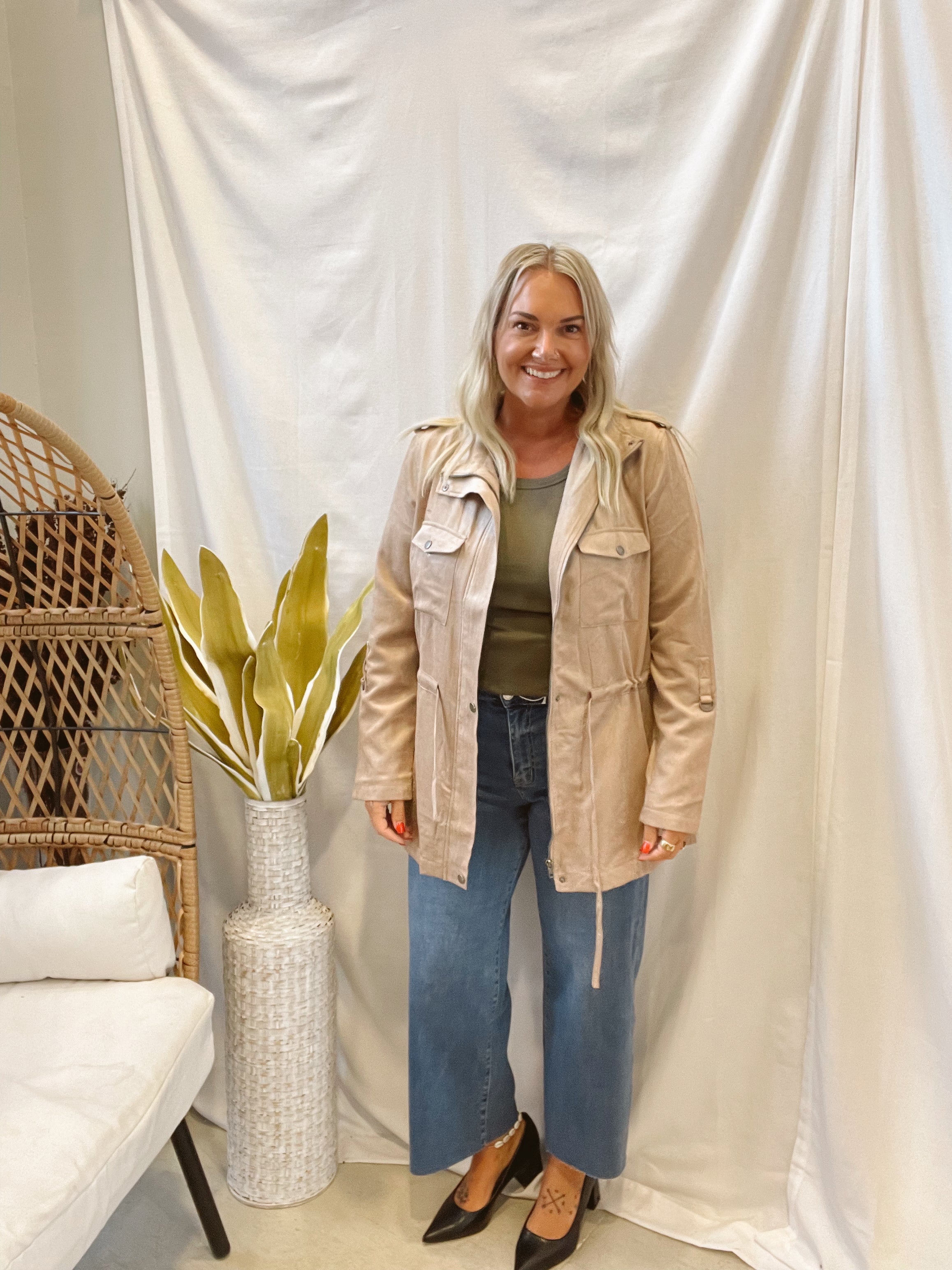 Utility Cinched Waist Jacket-Taupe-Coats & Jackets-be cool-The Silo Boutique, Women's Fashion Boutique Located in Warren and Grand Forks North Dakota