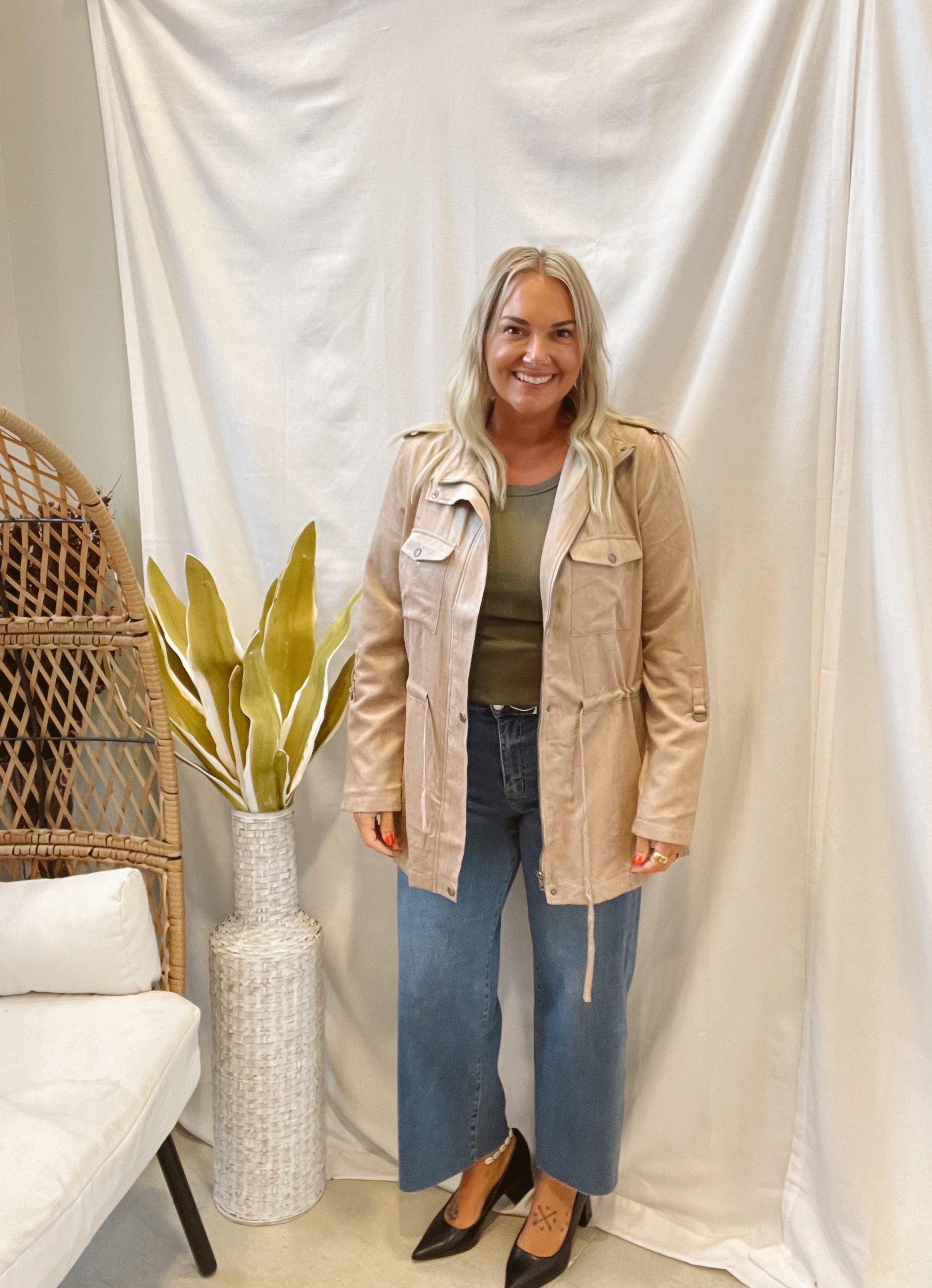 Utility Cinched Waist Jacket-Taupe-Coats & Jackets-be cool-The Silo Boutique, Women's Fashion Boutique Located in Warren and Grand Forks North Dakota