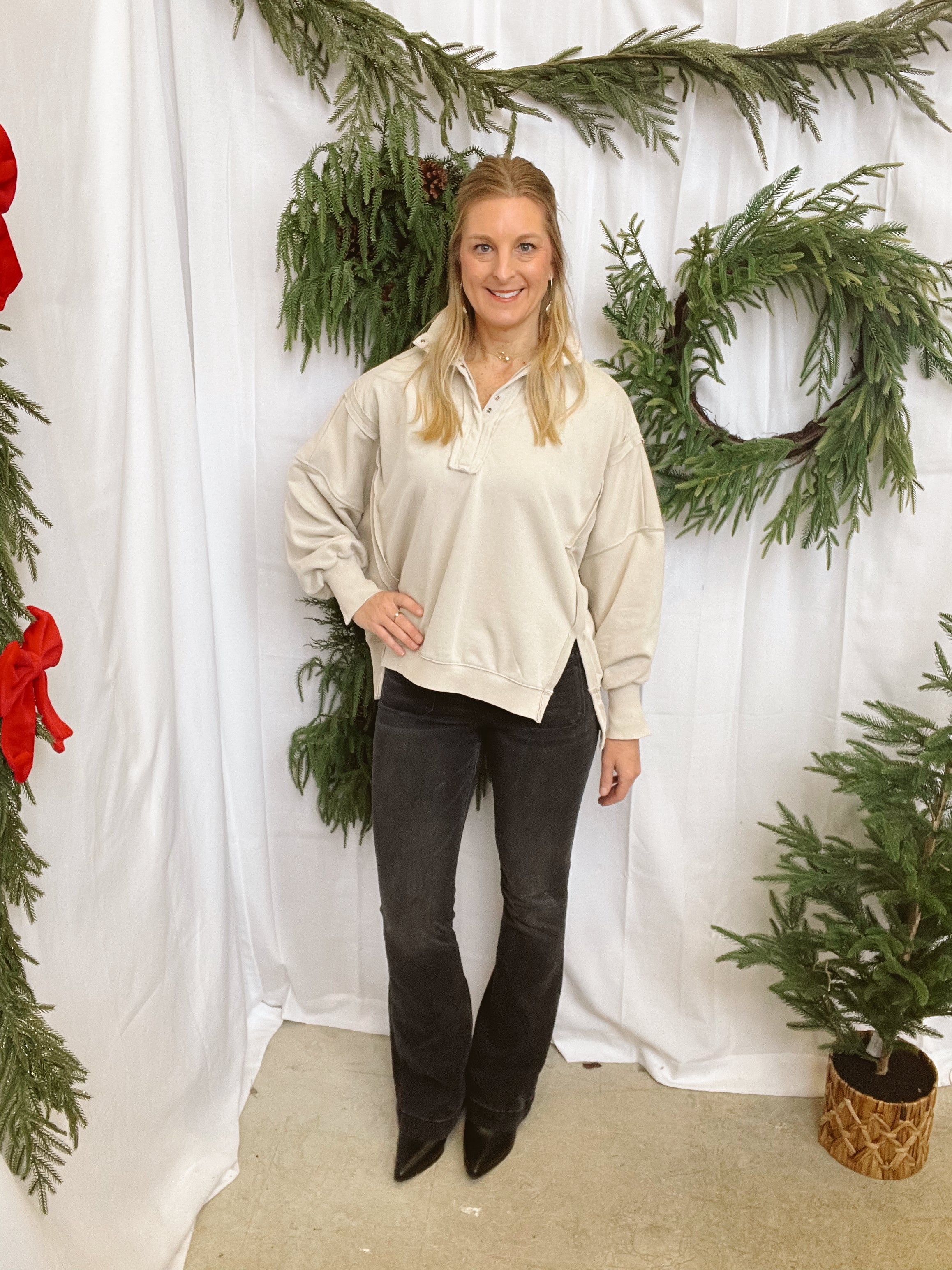 Mineral Wash Quarter Snap Sweatshirt-Bone-Sweatshirts-eesome-The Silo Boutique, Women's Fashion Boutique Located in Warren and Grand Forks North Dakota