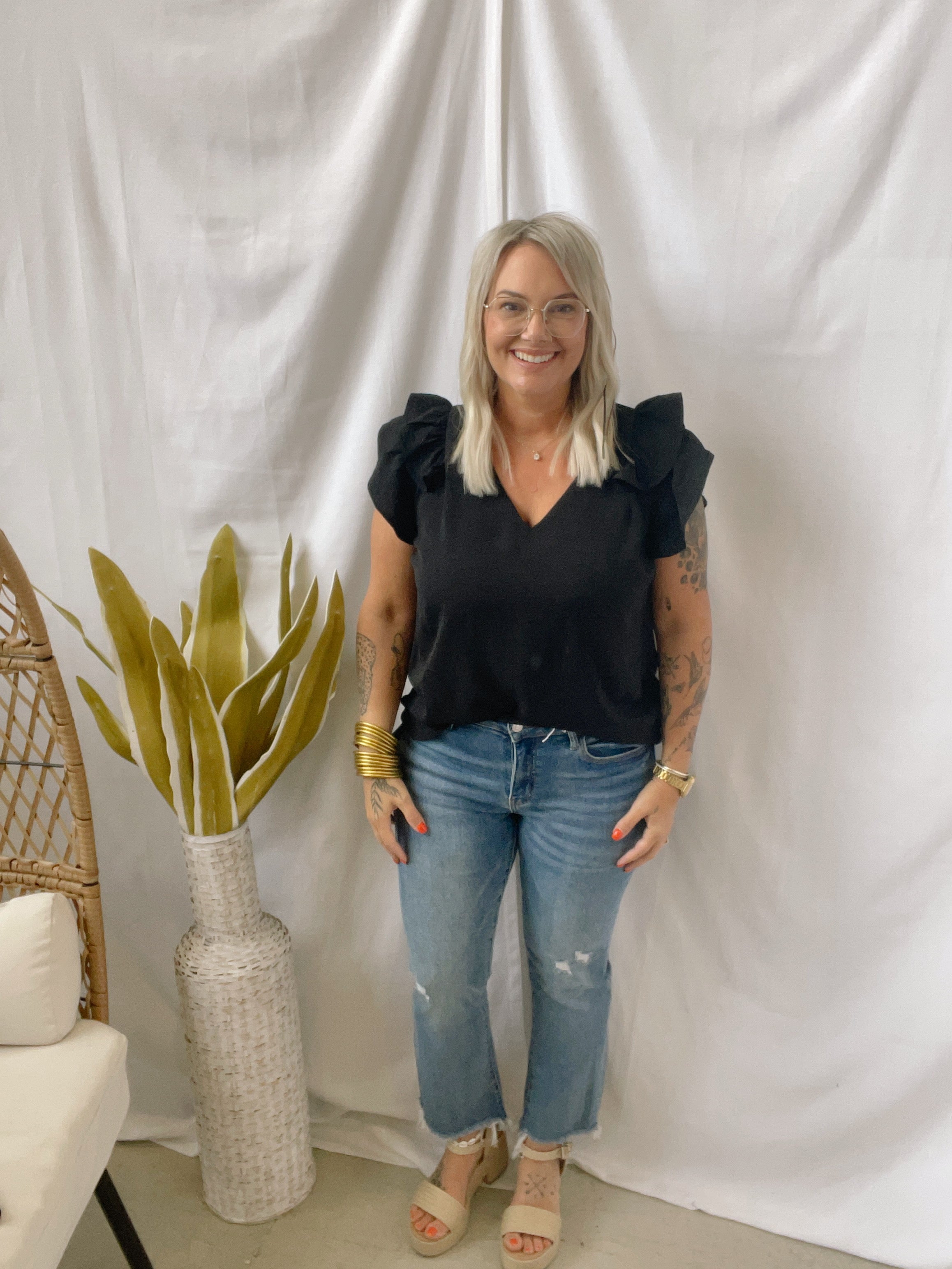 The Great Ruffle Sleeve Top-Black-Short Sleeve Tops-Umgee-The Silo Boutique, Women's Fashion Boutique Located in Warren and Grand Forks North Dakota