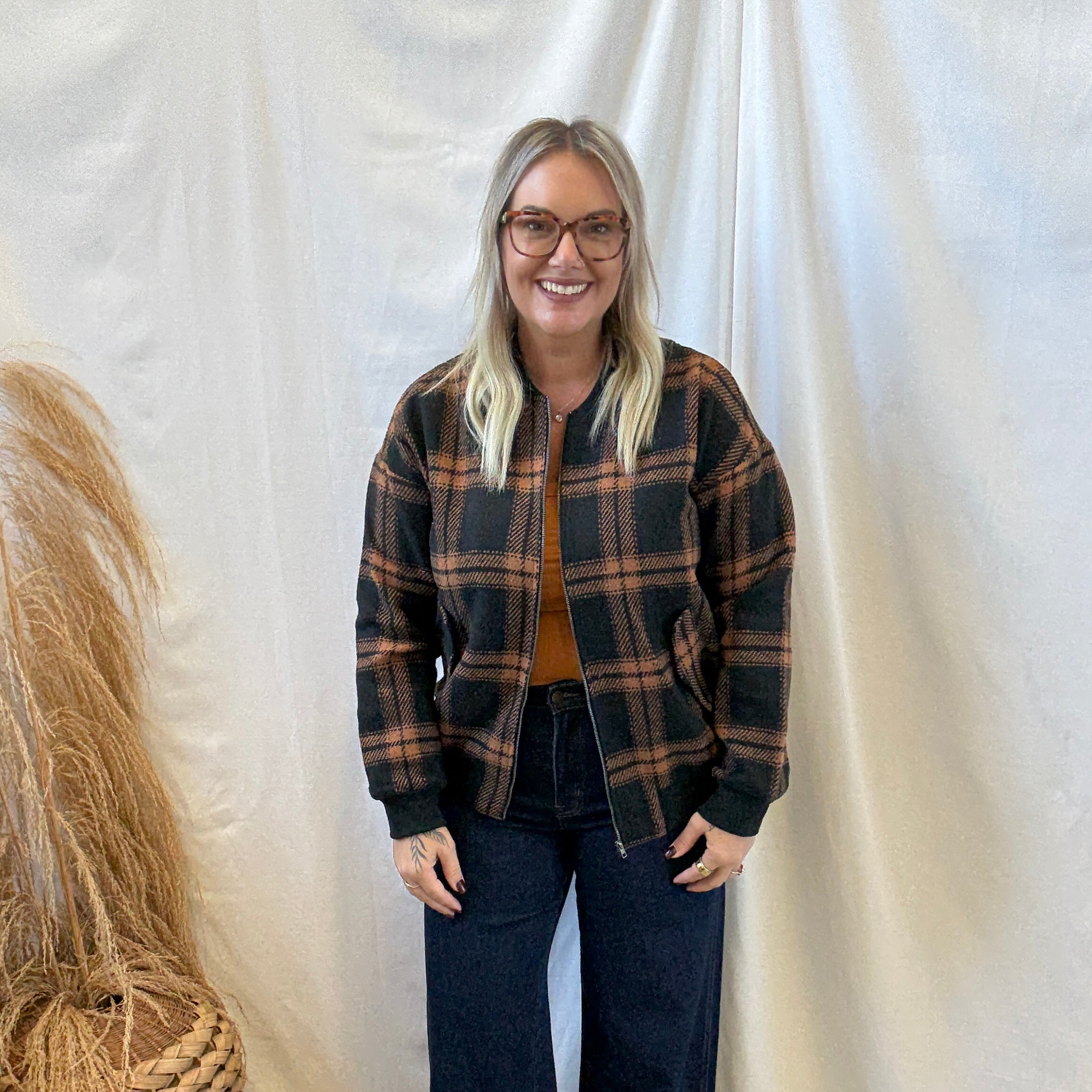 Black Plaid Bomber Jacket-Coats & Jackets-Doe and Rae-The Silo Boutique, Women's Fashion Boutique Located in Warren and Grand Forks North Dakota
