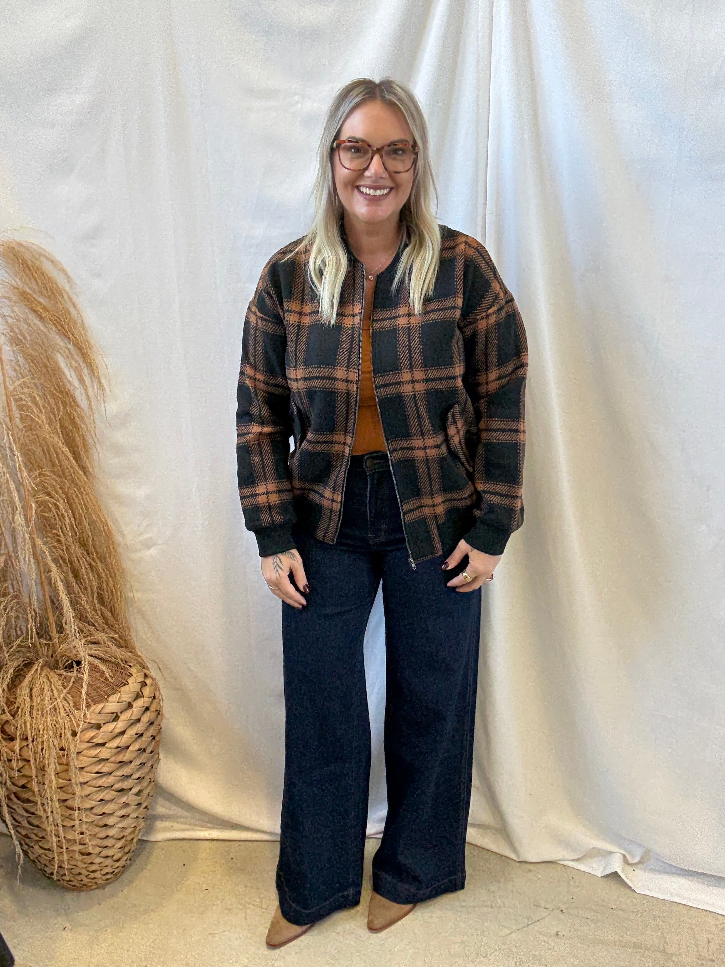 Black Plaid Bomber Jacket-Coats & Jackets-Doe and Rae-The Silo Boutique, Women's Fashion Boutique Located in Warren and Grand Forks North Dakota