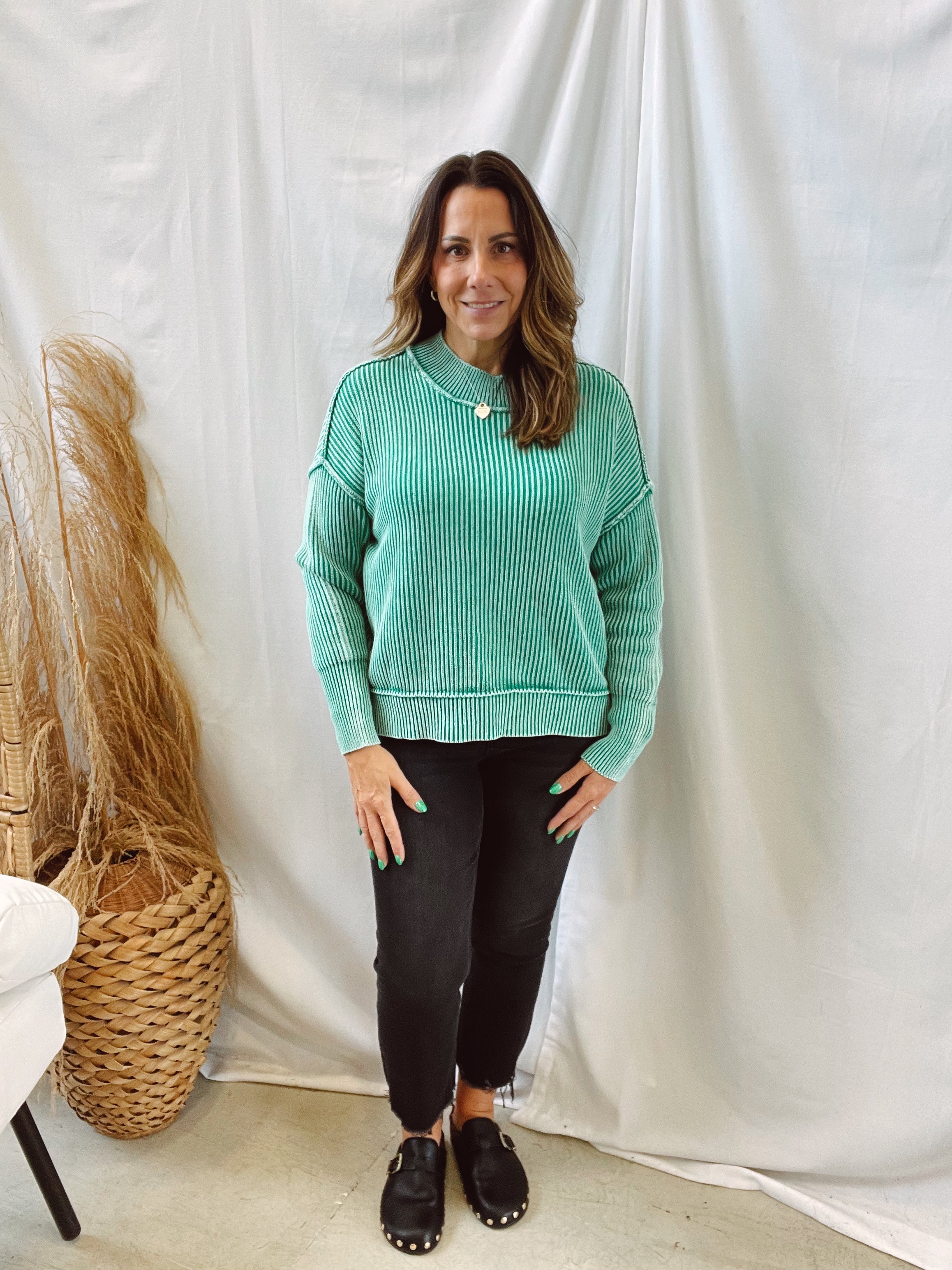 Green Wash Side Slit Sweater-Sweaters-Zenana-The Silo Boutique, Women's Fashion Boutique Located in Warren and Grand Forks North Dakota