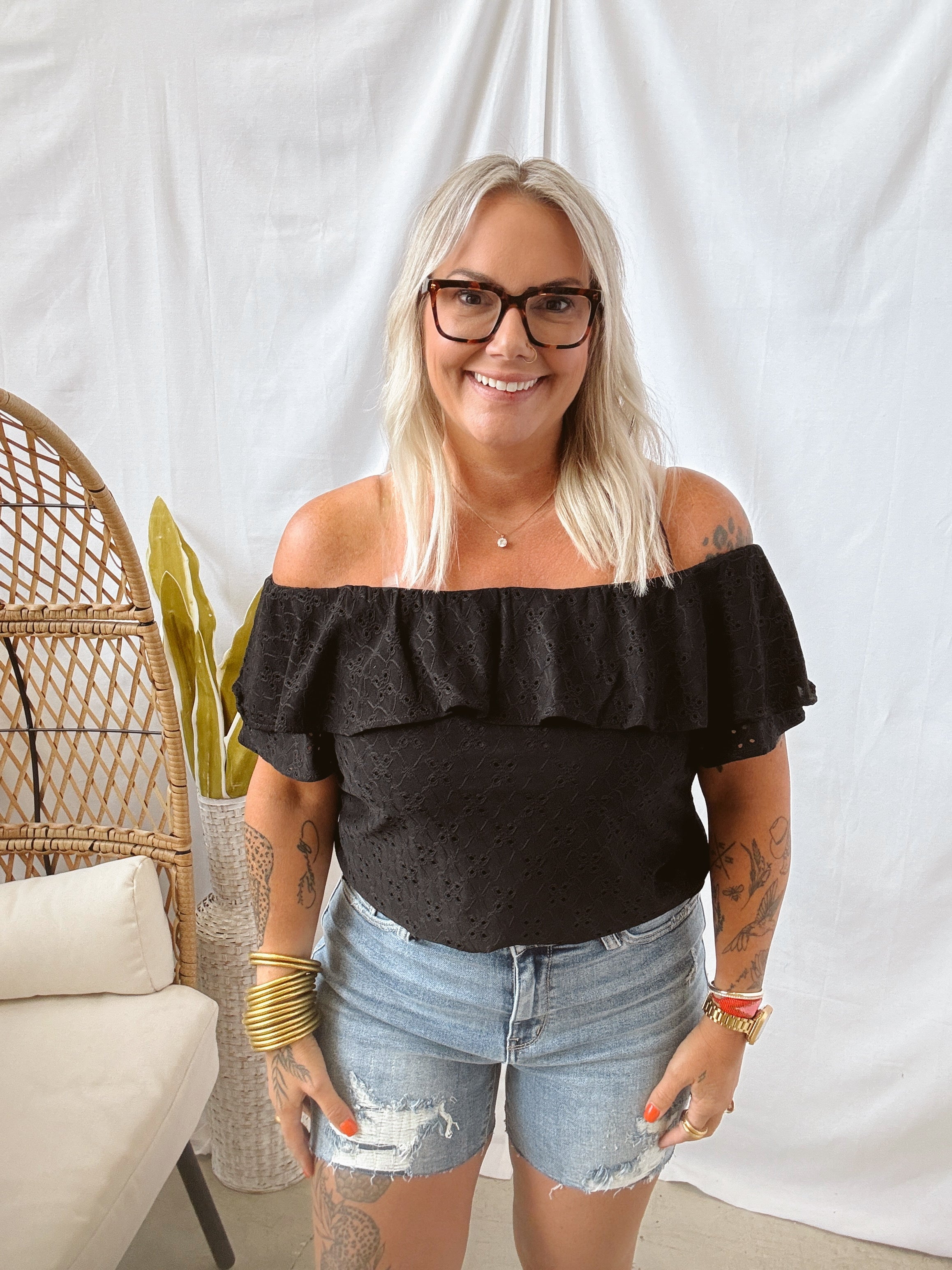 Amy Eyelet Top-Black-Short Sleeve Tops-les amis-The Silo Boutique, Women's Fashion Boutique Located in Warren and Grand Forks North Dakota
