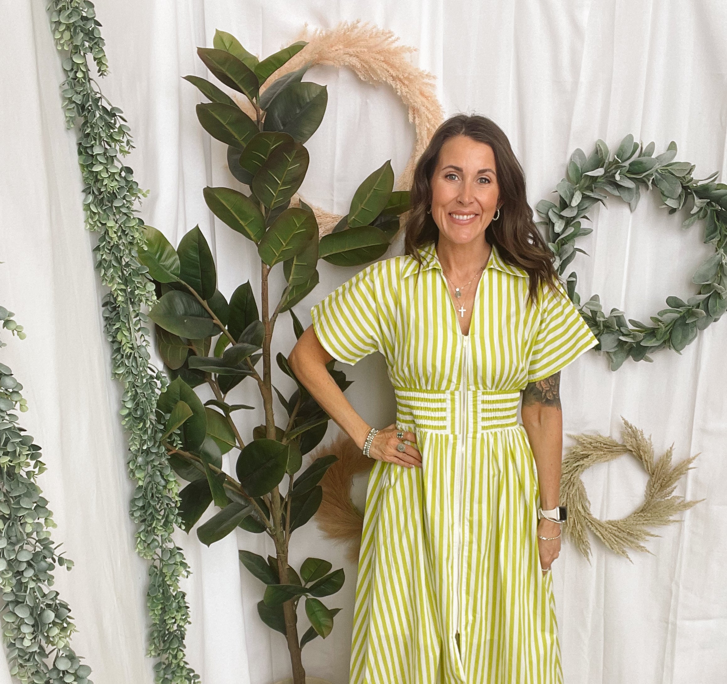 Lime Striped Maxi Zipper Dress-Dresses-entro-The Silo Boutique, Women's Fashion Boutique Located in Warren and Grand Forks North Dakota