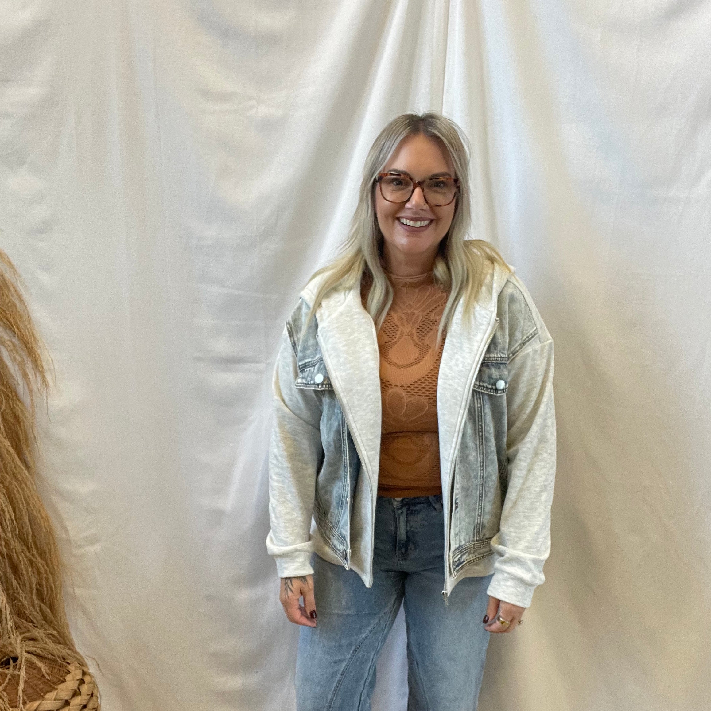 Denim Contrast Twofer Hooded Jacket-Coats & Jackets-hem and thread-The Silo Boutique, Women's Fashion Boutique Located in Warren and Grand Forks North Dakota