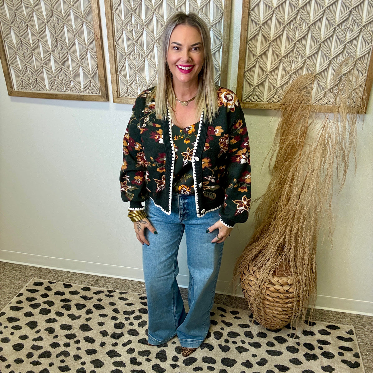 Floral Jacquard Cardigan-Green-Cardigans-skies are blue-The Silo Boutique, Women's Fashion Boutique Located in Warren and Grand Forks North Dakota