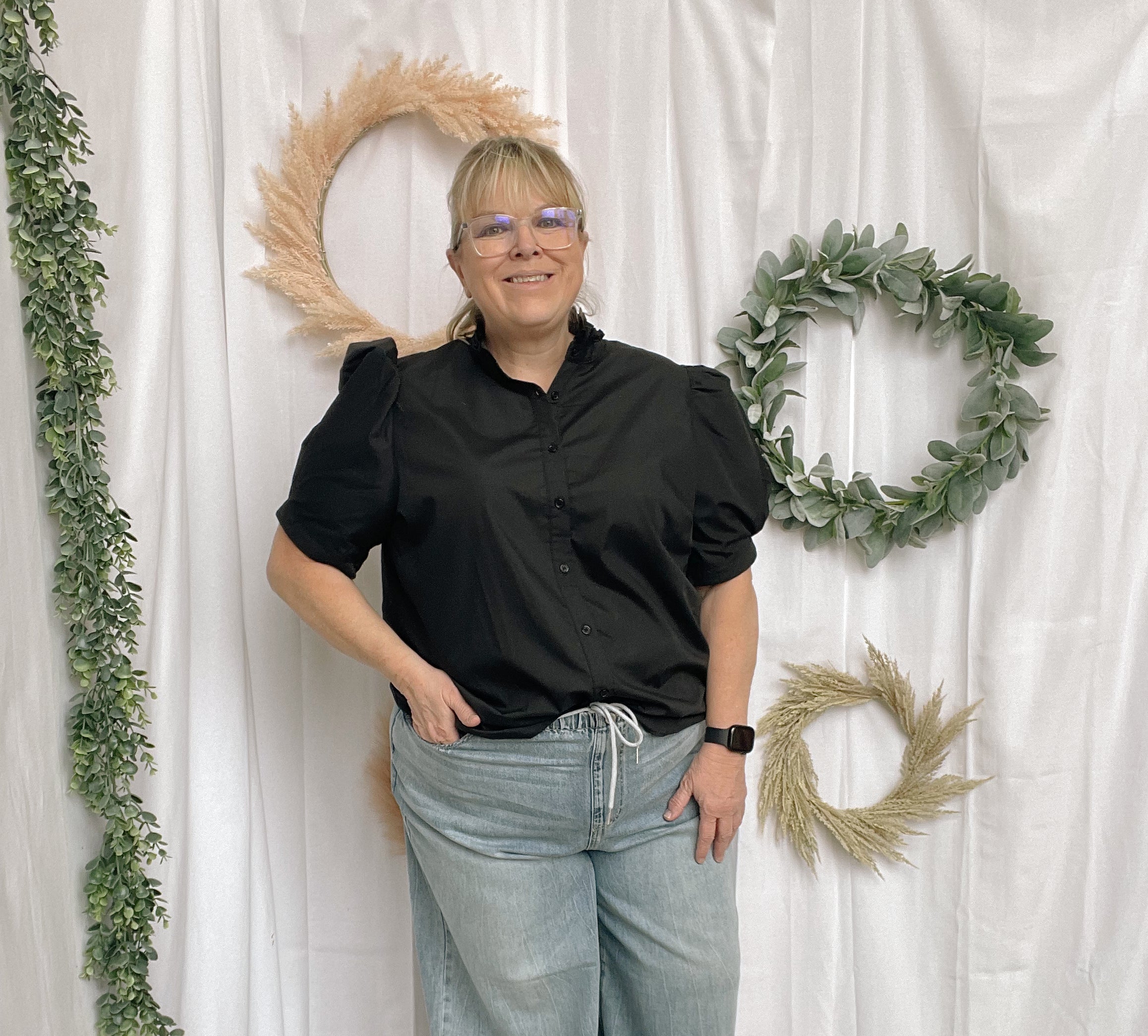 Betty Short Sleeve Button Up Top-Black-Short Sleeve Tops-ENTRO-The Silo Boutique, Women's Fashion Boutique Located in Warren and Grand Forks North Dakota