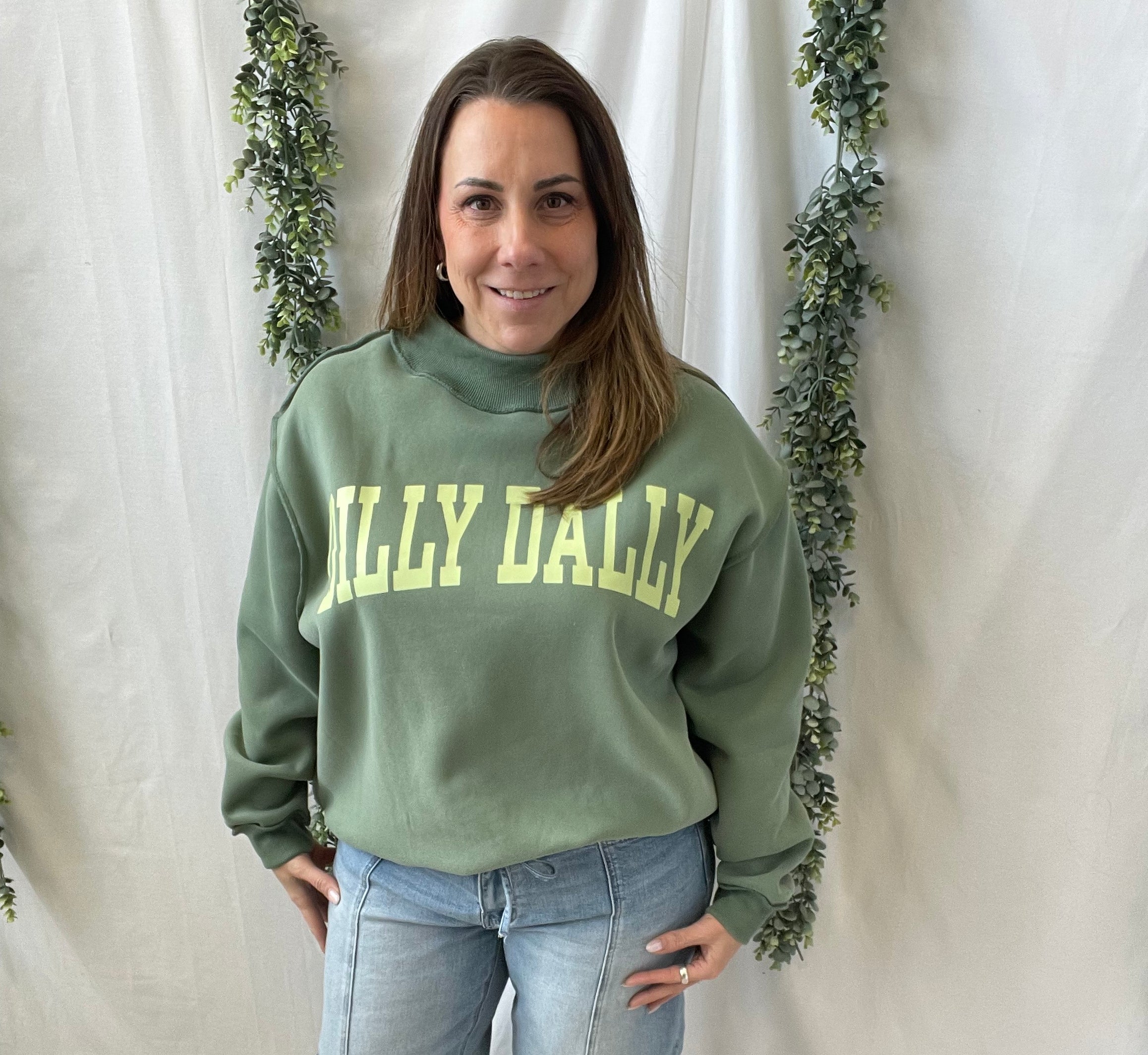 Green Dilly Dally Mock Sweatshirt-Sweatshirts-bucketlist-The Silo Boutique, Women's Fashion Boutique Located in Warren and Grand Forks North Dakota