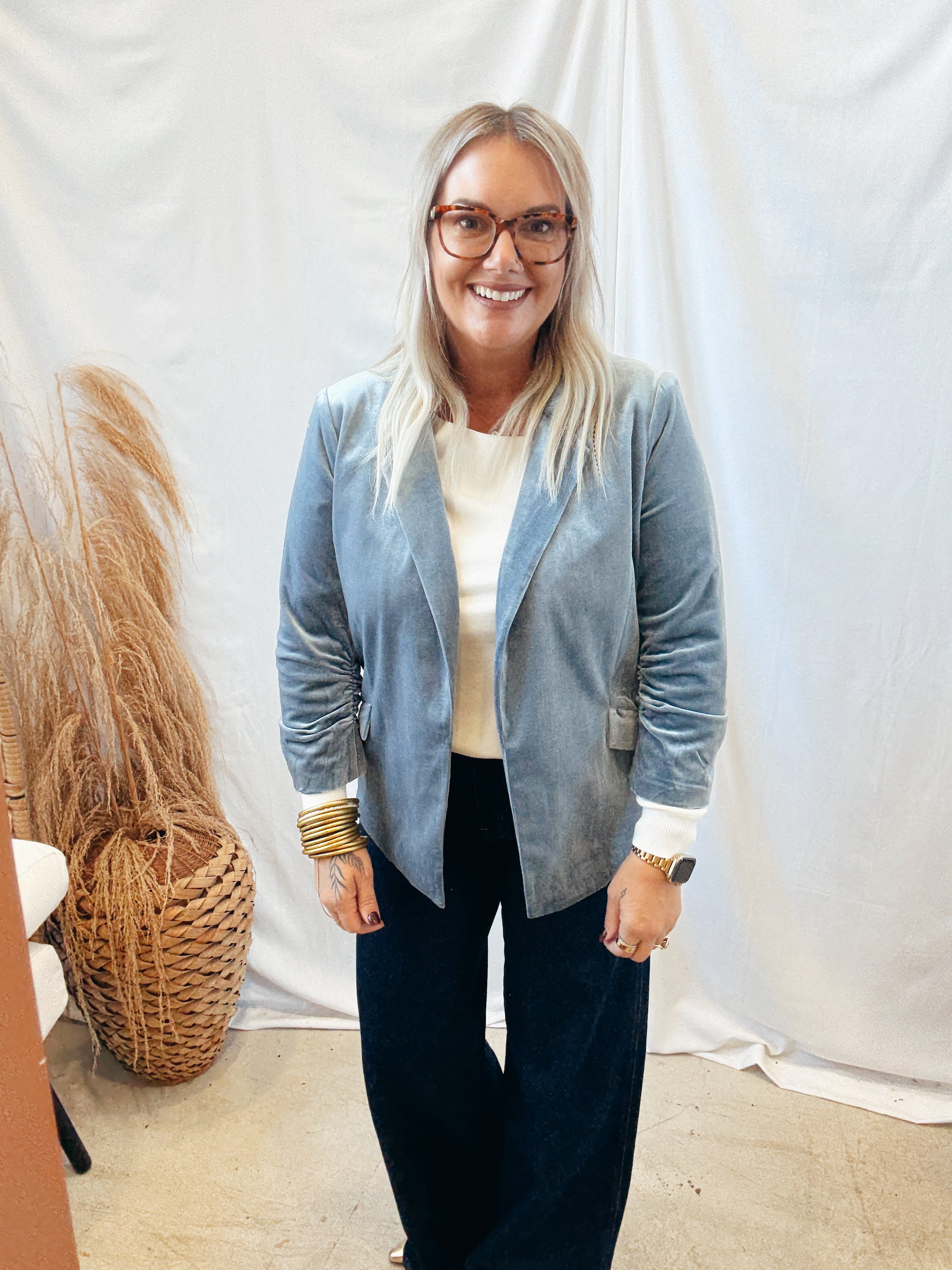 Dusty Blue Velvet Blazer-Blazers-skies are blue-The Silo Boutique, Women's Fashion Boutique Located in Warren and Grand Forks North Dakota