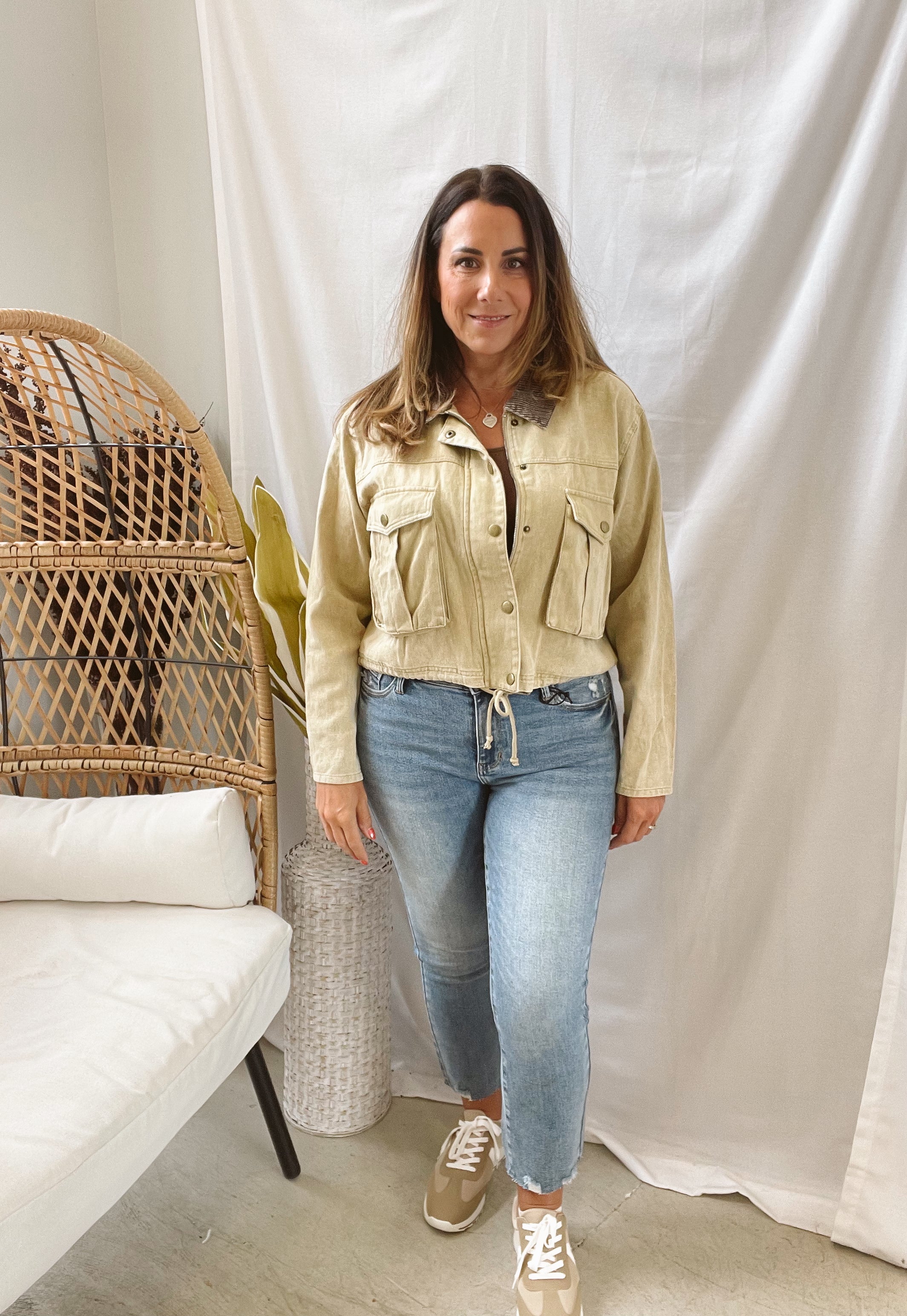 Corduroy Collar Twill Jacket-Sand-Coats & Jackets-hem and thread-The Silo Boutique, Women's Fashion Boutique Located in Warren and Grand Forks North Dakota