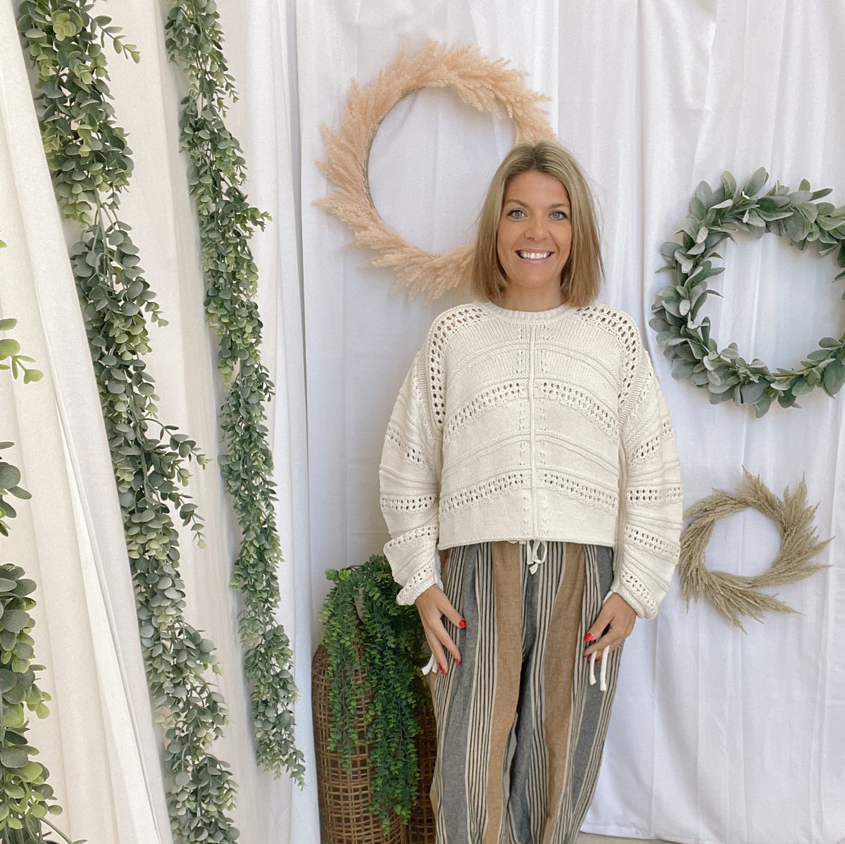 Elan Open Knit Tie Cream Sweater-Cardigans-elan-The Silo Boutique, Women's Fashion Boutique Located in Warren and Grand Forks North Dakota