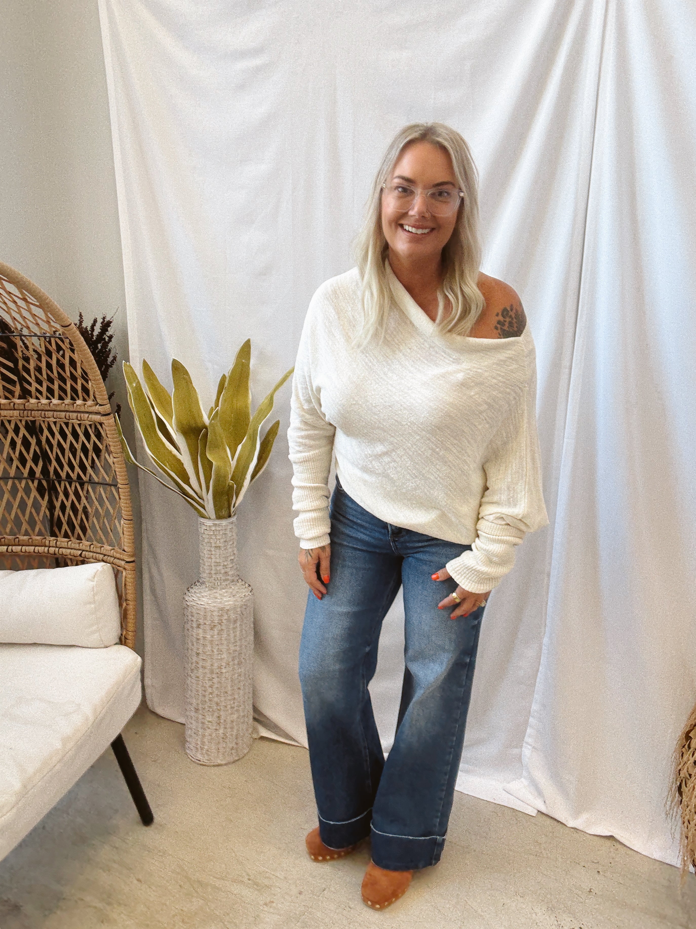 Slub Asymmetrical Cream Sweater-Long Sleeve Tops-promesa-The Silo Boutique, Women's Fashion Boutique Located in Warren and Grand Forks North Dakota