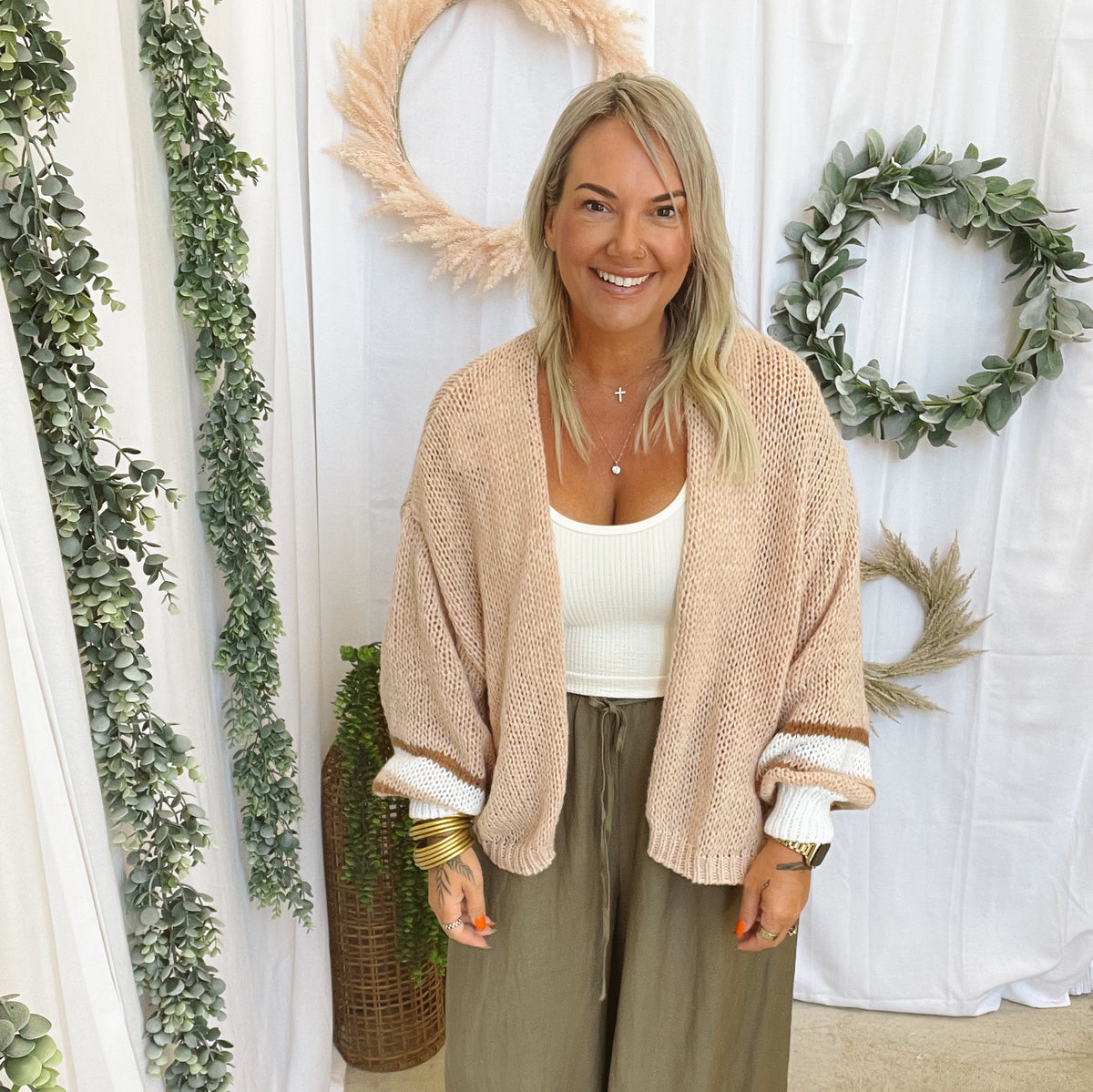 Elan Tan Stripe Sweater Cardigan-Cardigans-elan-The Silo Boutique, Women's Fashion Boutique Located in Warren and Grand Forks North Dakota