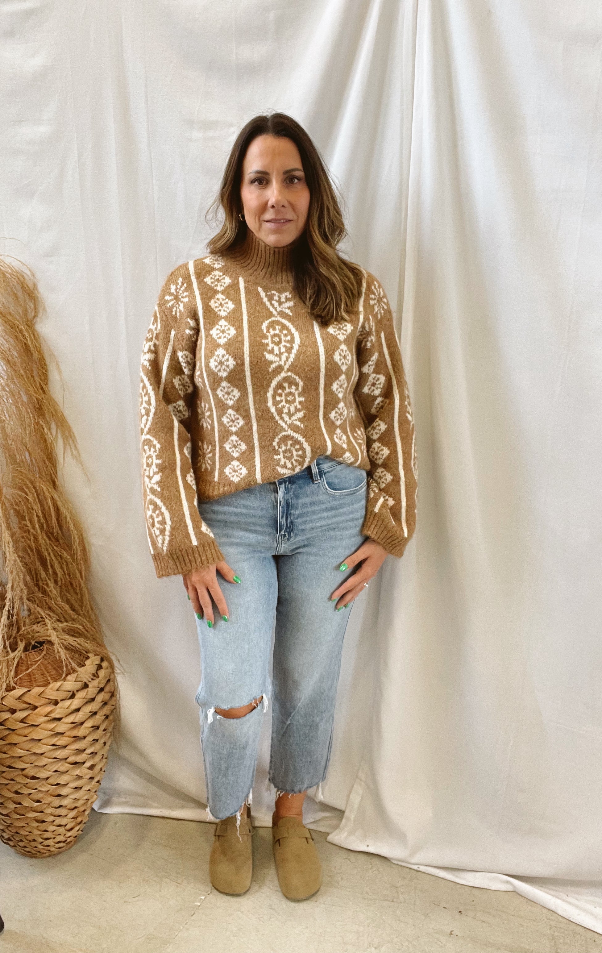 Tan Floral Mock Neck Sweater-Sweaters-promesa-The Silo Boutique, Women's Fashion Boutique Located in Warren and Grand Forks North Dakota