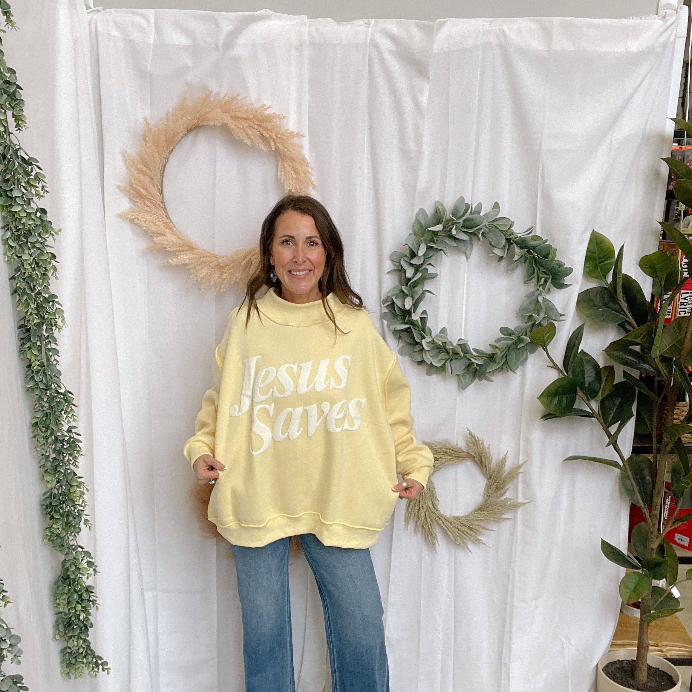 Bucketlist JESUS Saves Sweatshirt-Lemon-Sweatshirts-bucketlist-The Silo Boutique, Women's Fashion Boutique Located in Warren and Grand Forks North Dakota