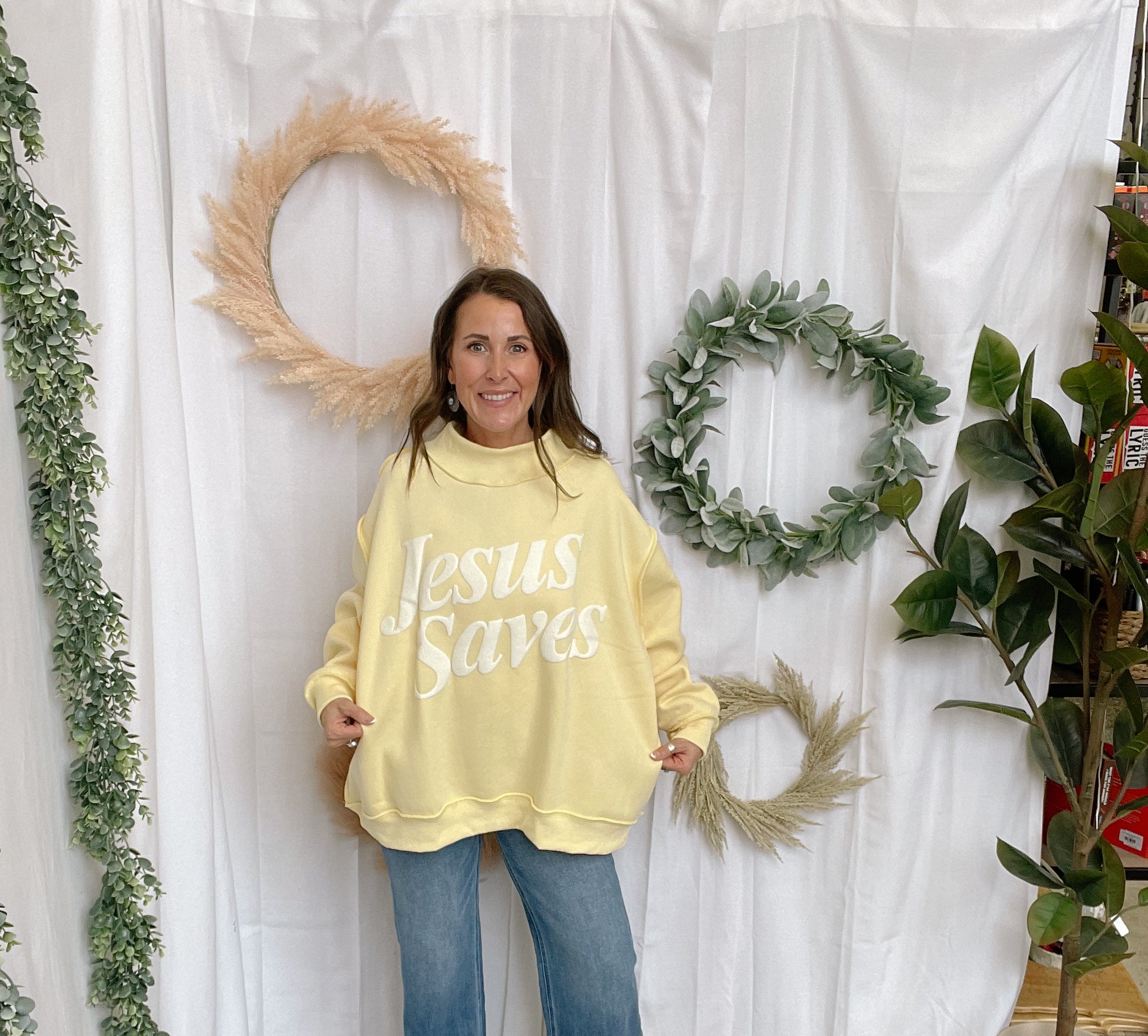 Bucketlist JESUS Saves Sweatshirt-Lemon-Sweatshirts-bucketlist-The Silo Boutique, Women's Fashion Boutique Located in Warren and Grand Forks North Dakota