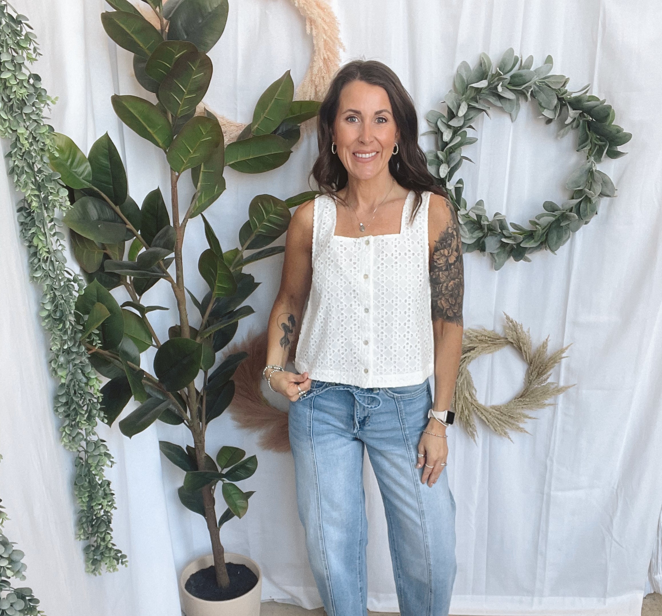 Eyelet Button Tank Top-White-Tank Tops-entro-The Silo Boutique, Women's Fashion Boutique Located in Warren and Grand Forks North Dakota