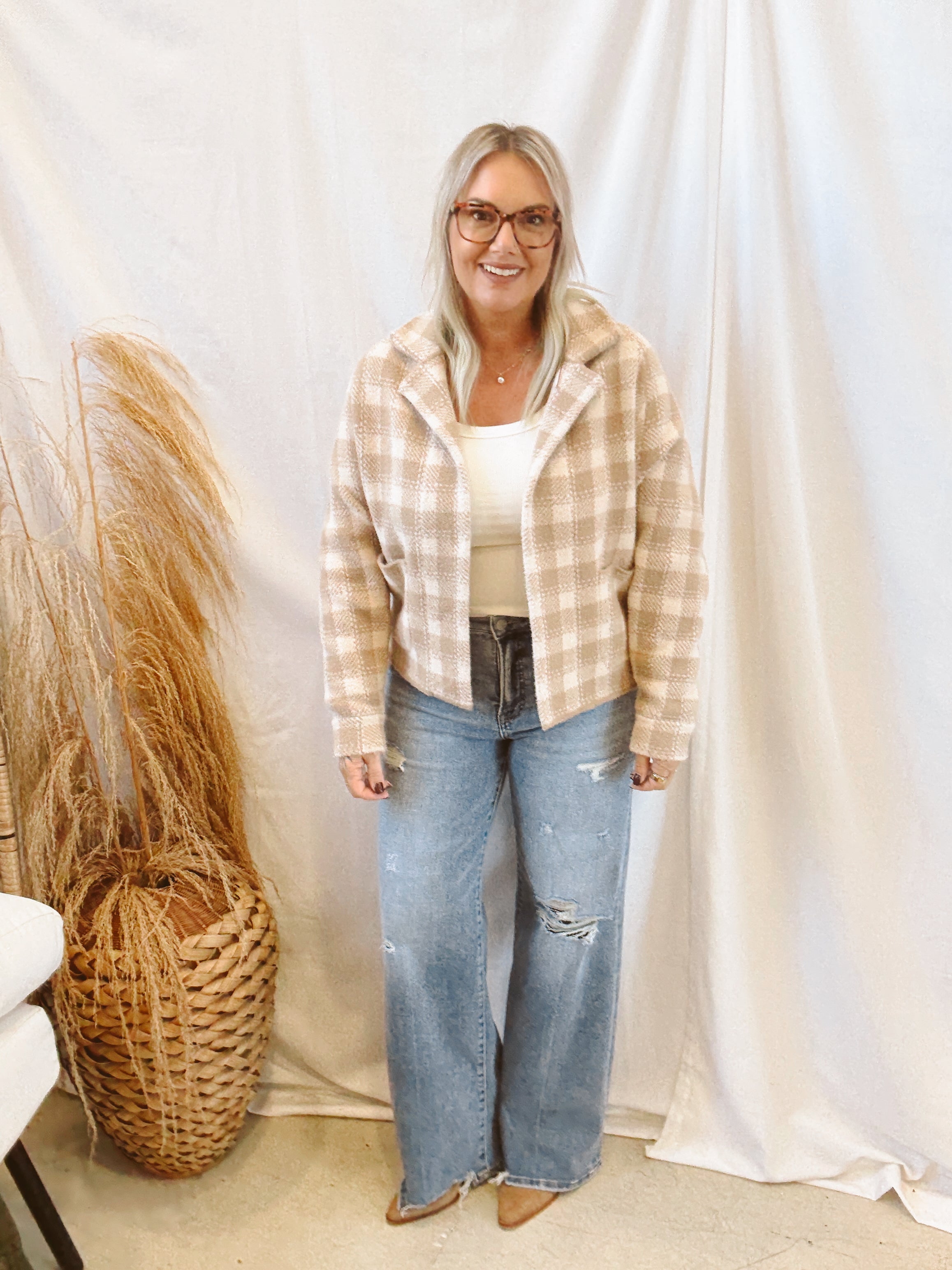 Plaid Taupe Jacket-Sweaters-stacatto-The Silo Boutique, Women's Fashion Boutique Located in Warren and Grand Forks North Dakota