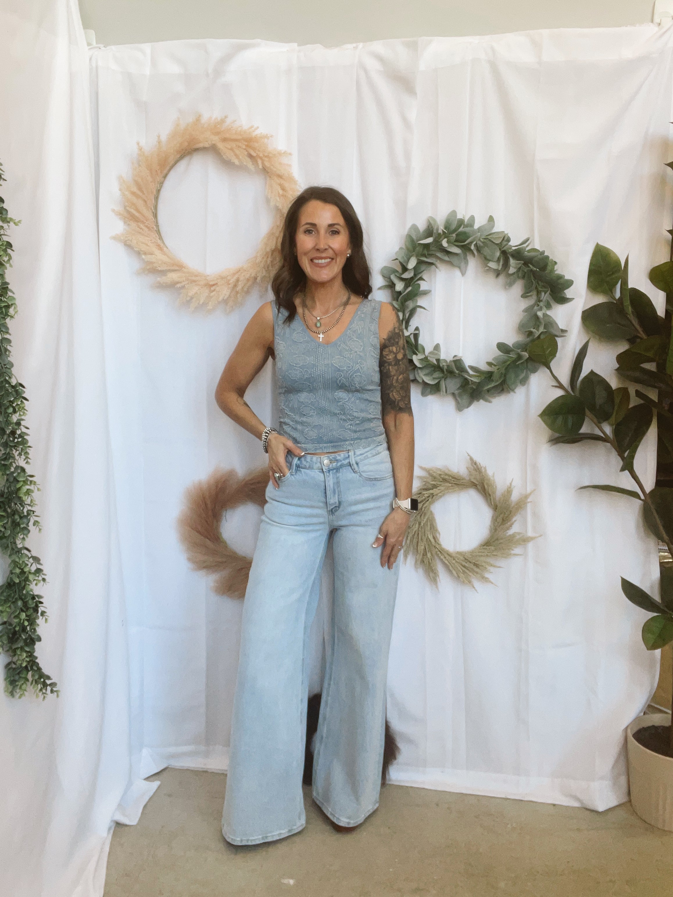 V Neck Floral Wallpaper Tank Top-Blue-Tank Tops-hem and thread-The Silo Boutique, Women's Fashion Boutique Located in Warren and Grand Forks North Dakota