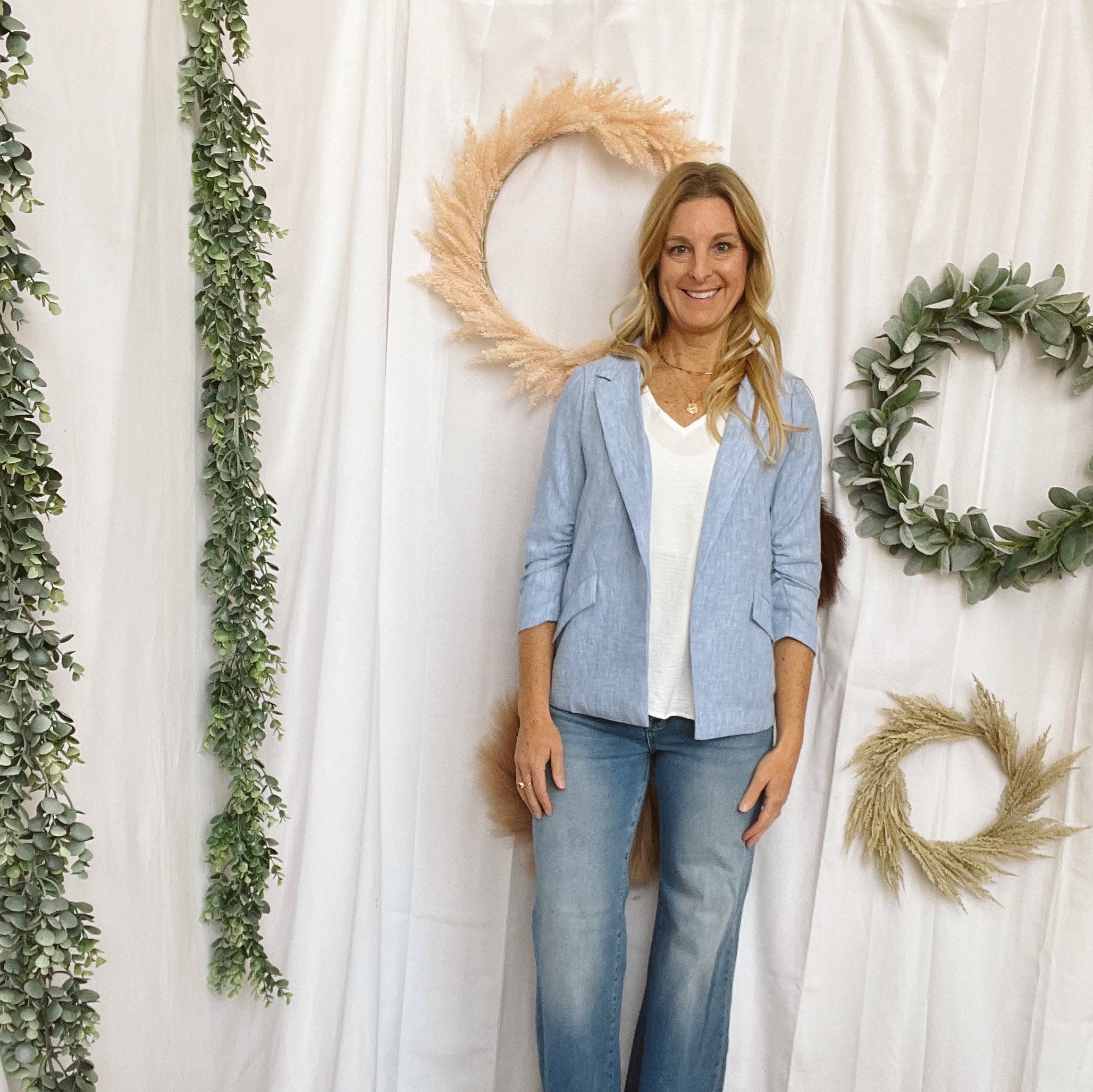 Skies Chambray Blazer-Blazers-skies are blue-The Silo Boutique, Women's Fashion Boutique Located in Warren and Grand Forks North Dakota