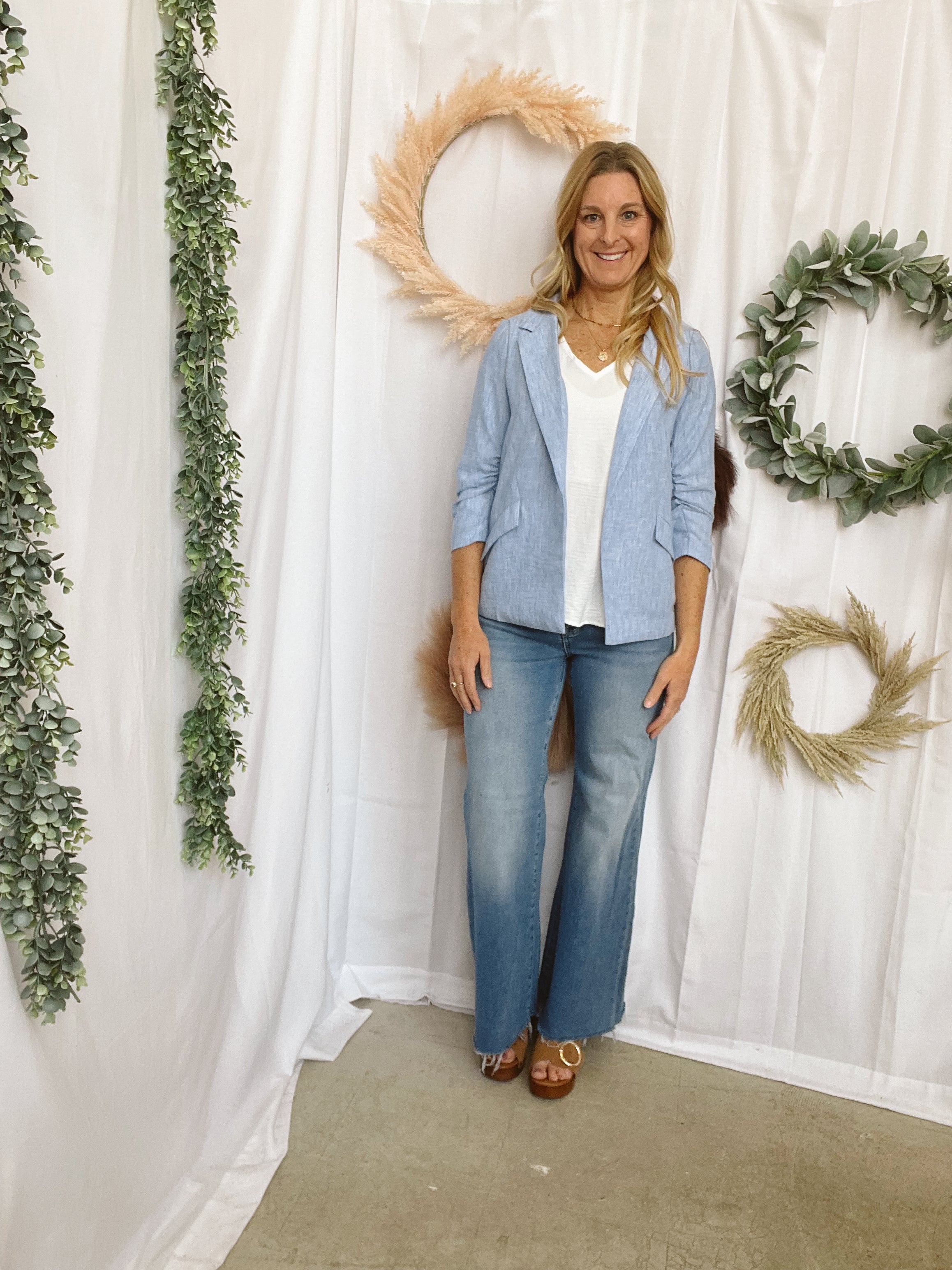 Skies Chambray Blazer-Blazers-skies are blue-The Silo Boutique, Women's Fashion Boutique Located in Warren and Grand Forks North Dakota