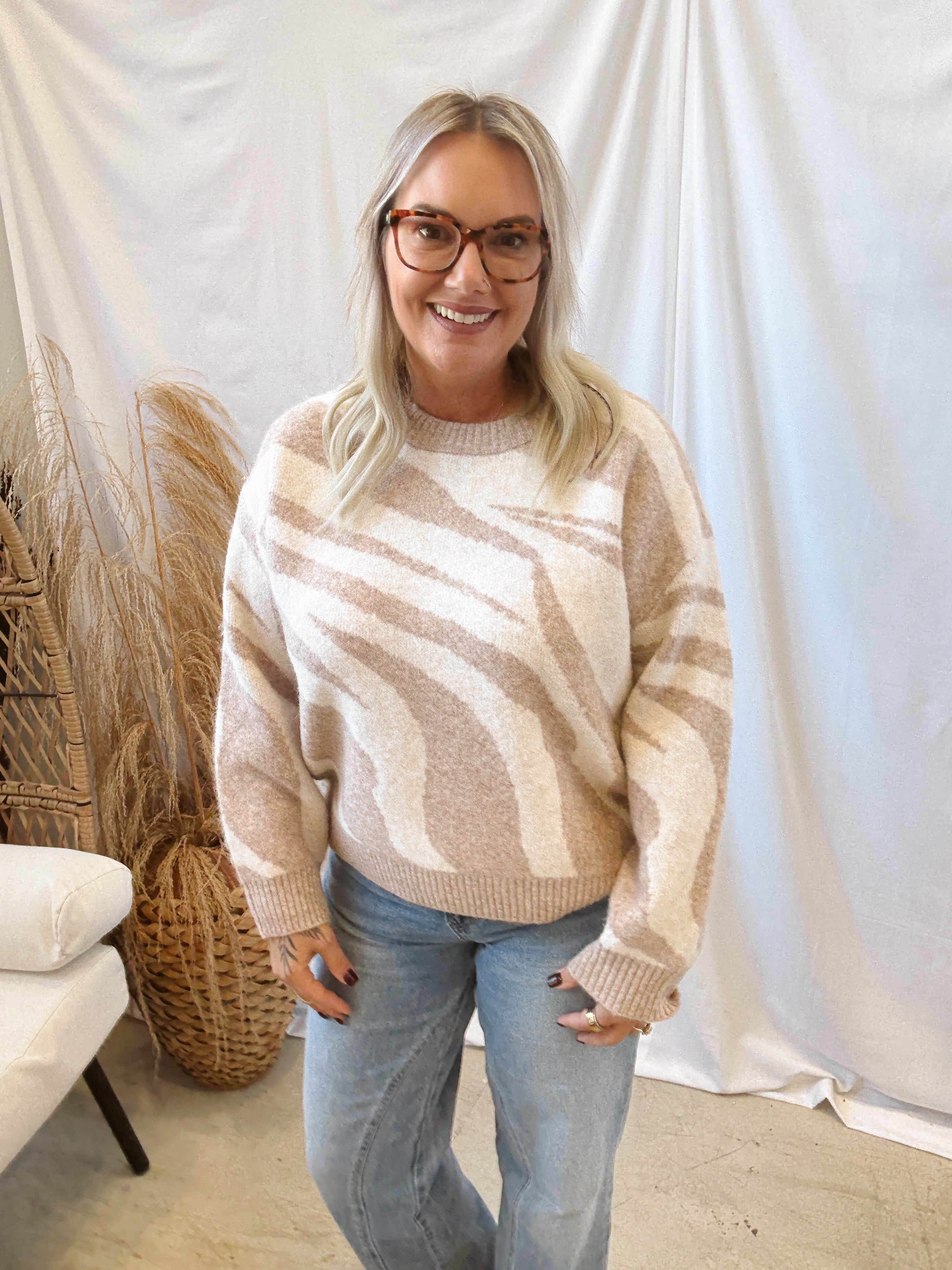 Beige Zebra Sweater-Sweaters-Lumiere-The Silo Boutique, Women's Fashion Boutique Located in Warren and Grand Forks North Dakota
