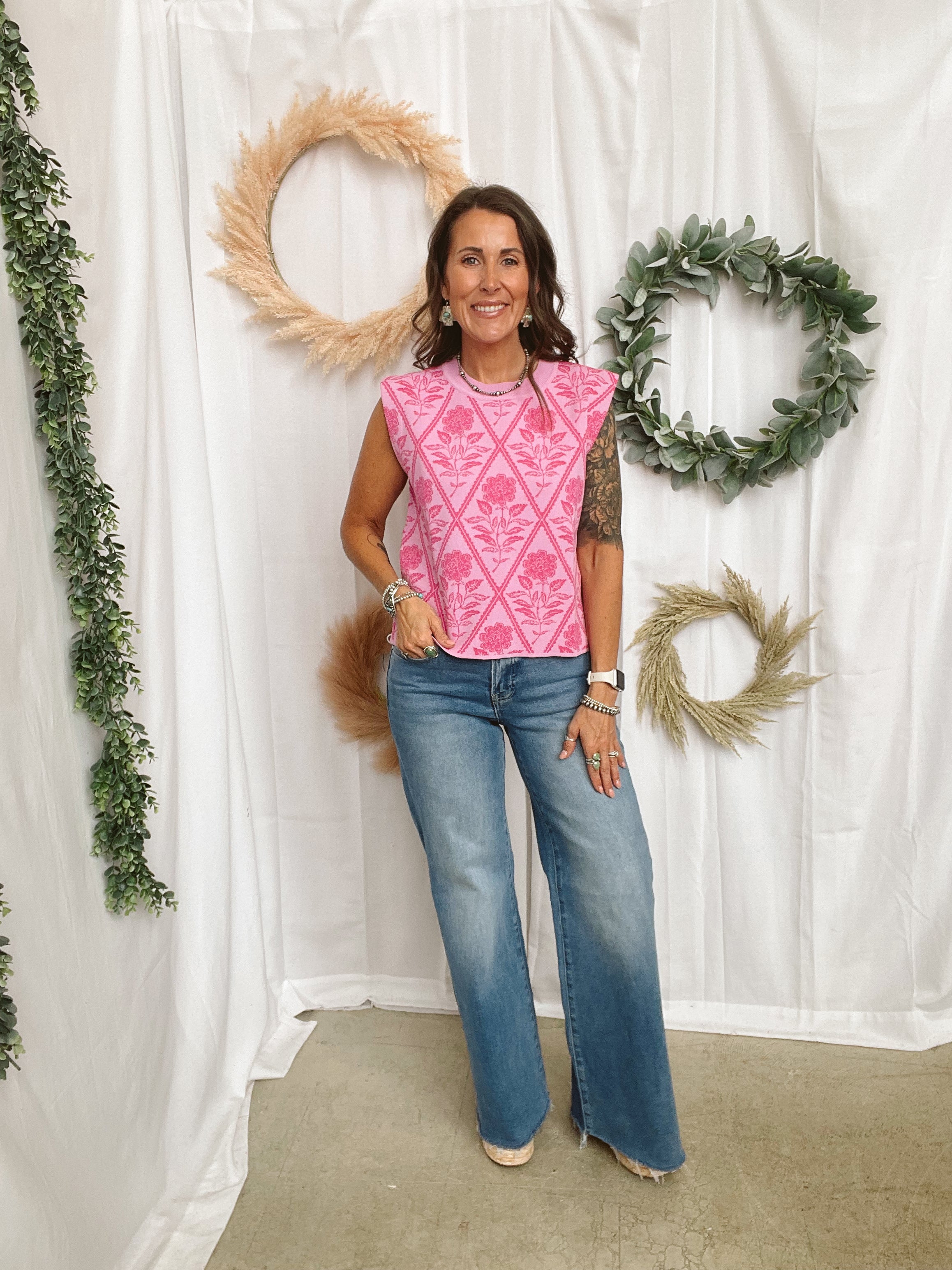 Kennedy Pink Floral Sweater Tank Top-Short Sleeve Tops-ENTRO-The Silo Boutique, Women's Fashion Boutique Located in Warren and Grand Forks North Dakota