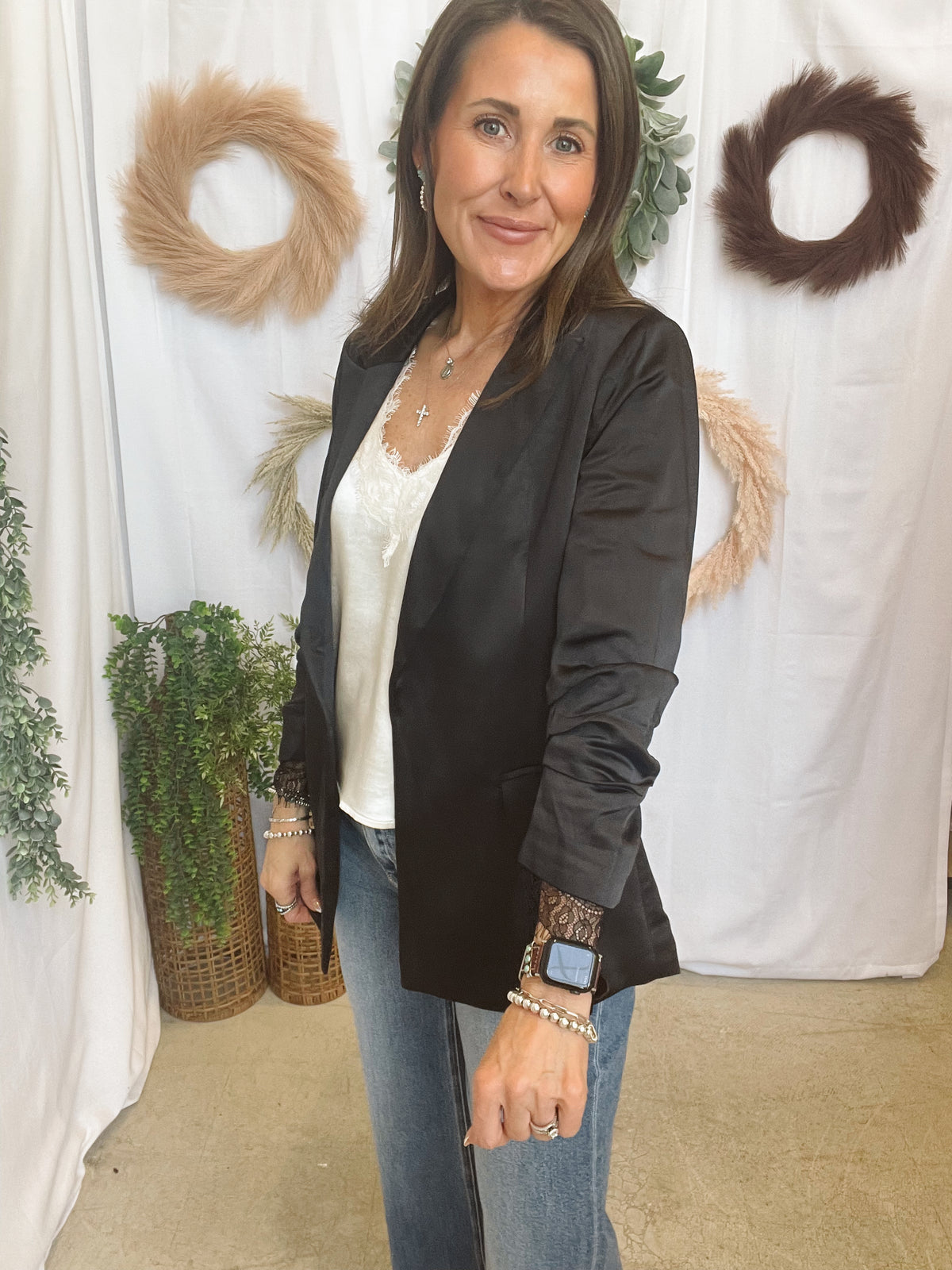 Skies Satin Blazer with Lace-Black-Blazers-skies are blue-The Silo Boutique, Women's Fashion Boutique Located in Warren and Grand Forks North Dakota