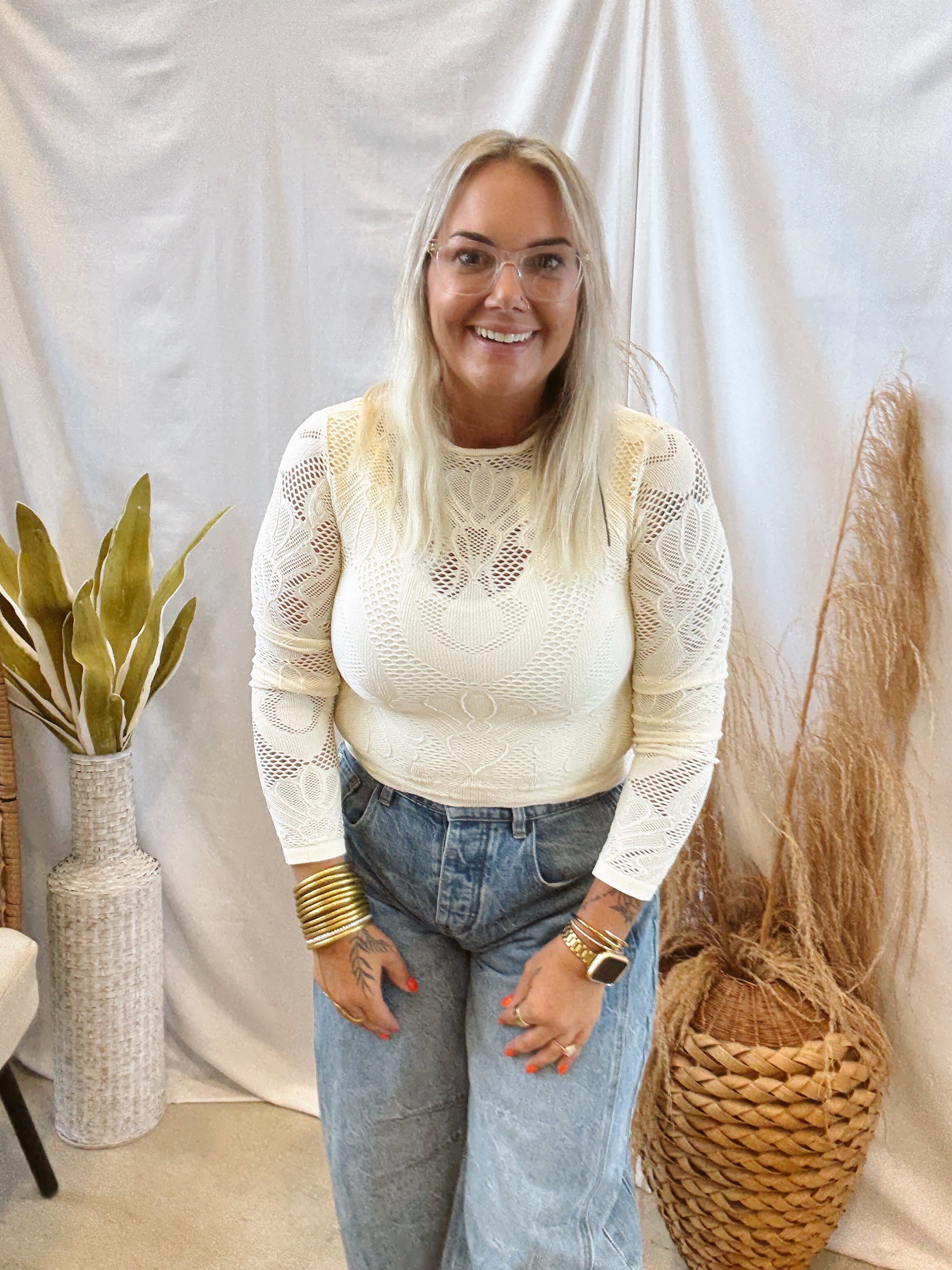 Knit Seamless Jacquard Top-Cream-Long Sleeve Tops-by together-The Silo Boutique, Women's Fashion Boutique Located in Warren and Grand Forks North Dakota