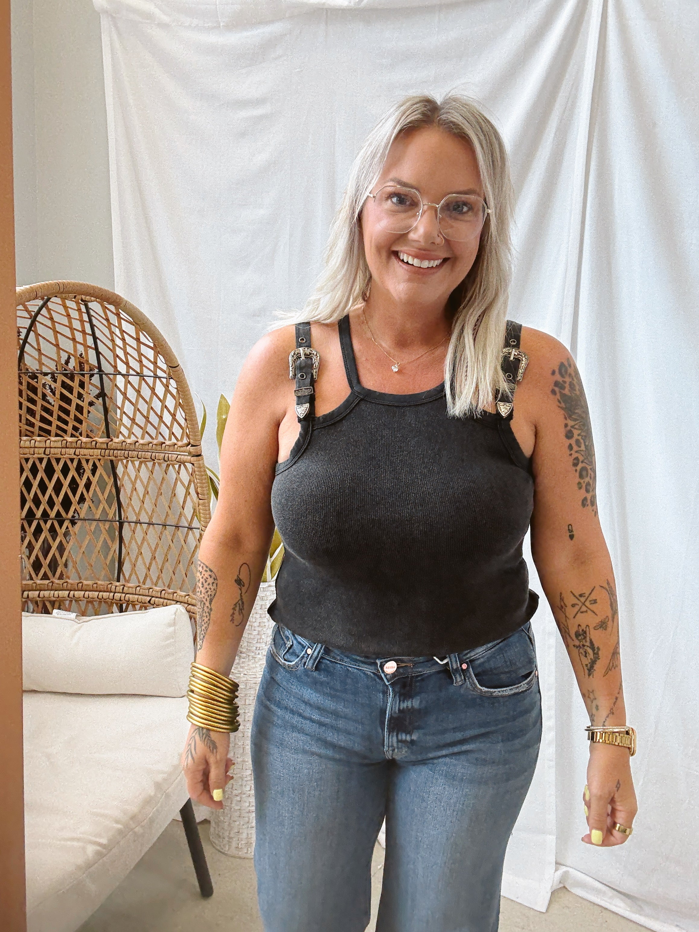 Washed Black Double Strap Buckle Tank-Tank Tops-blue B-The Silo Boutique, Women's Fashion Boutique Located in Warren and Grand Forks North Dakota